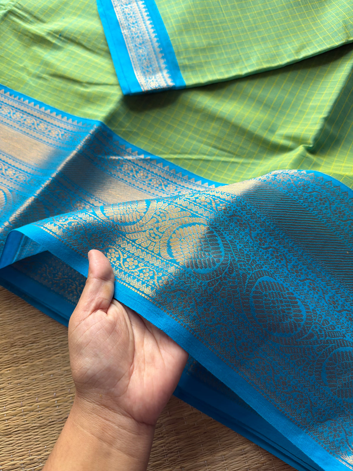 RF724 Dual tone Apple green shade kanchi cotton saree with checks / Kattam pattern