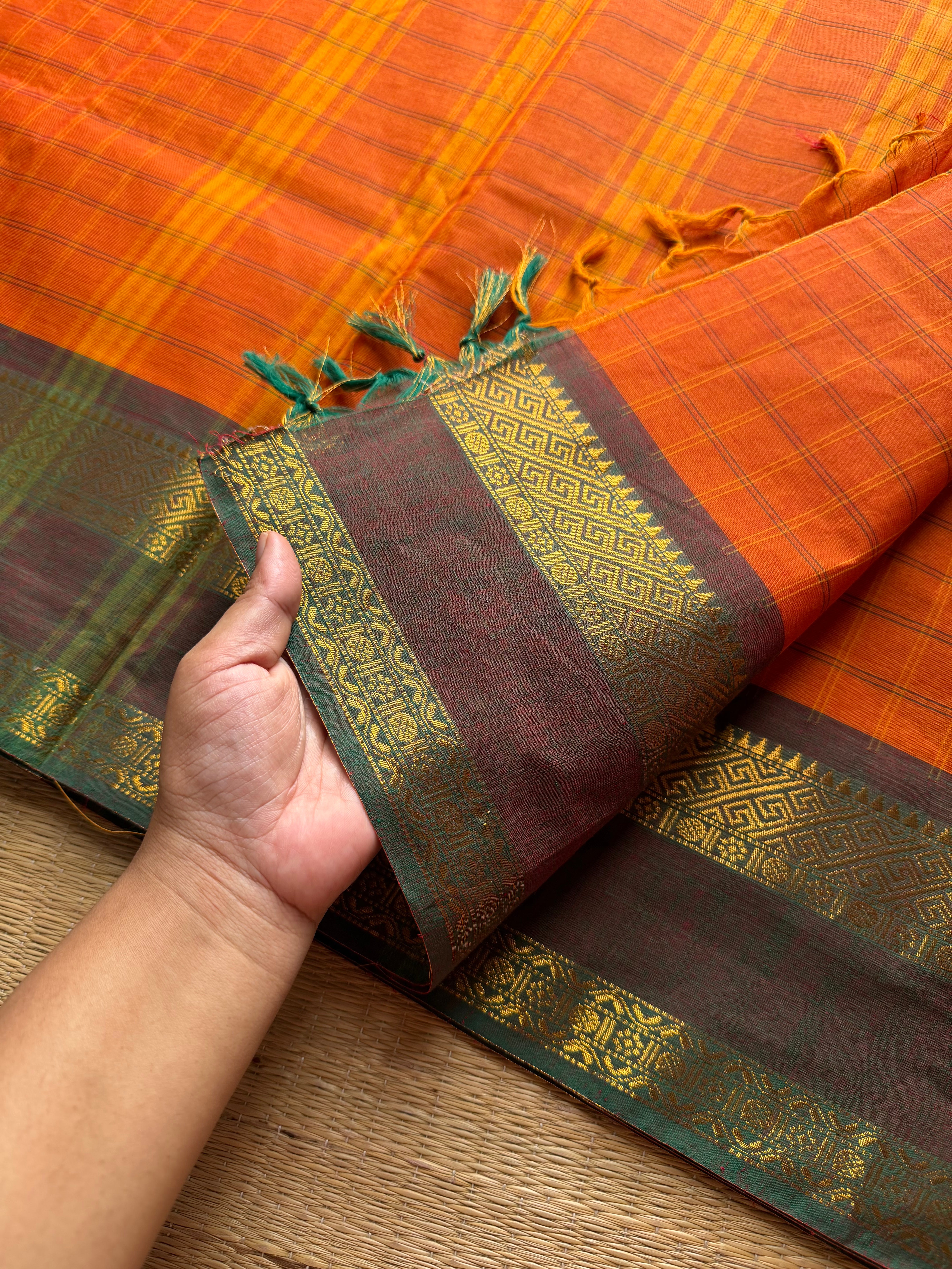 RF1033 Orange with green ~ Vintage Kattam / Checks Kanchi Cotton Saree