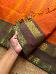 RF1033 Orange with green ~ Vintage Kattam / Checks Kanchi Cotton Saree