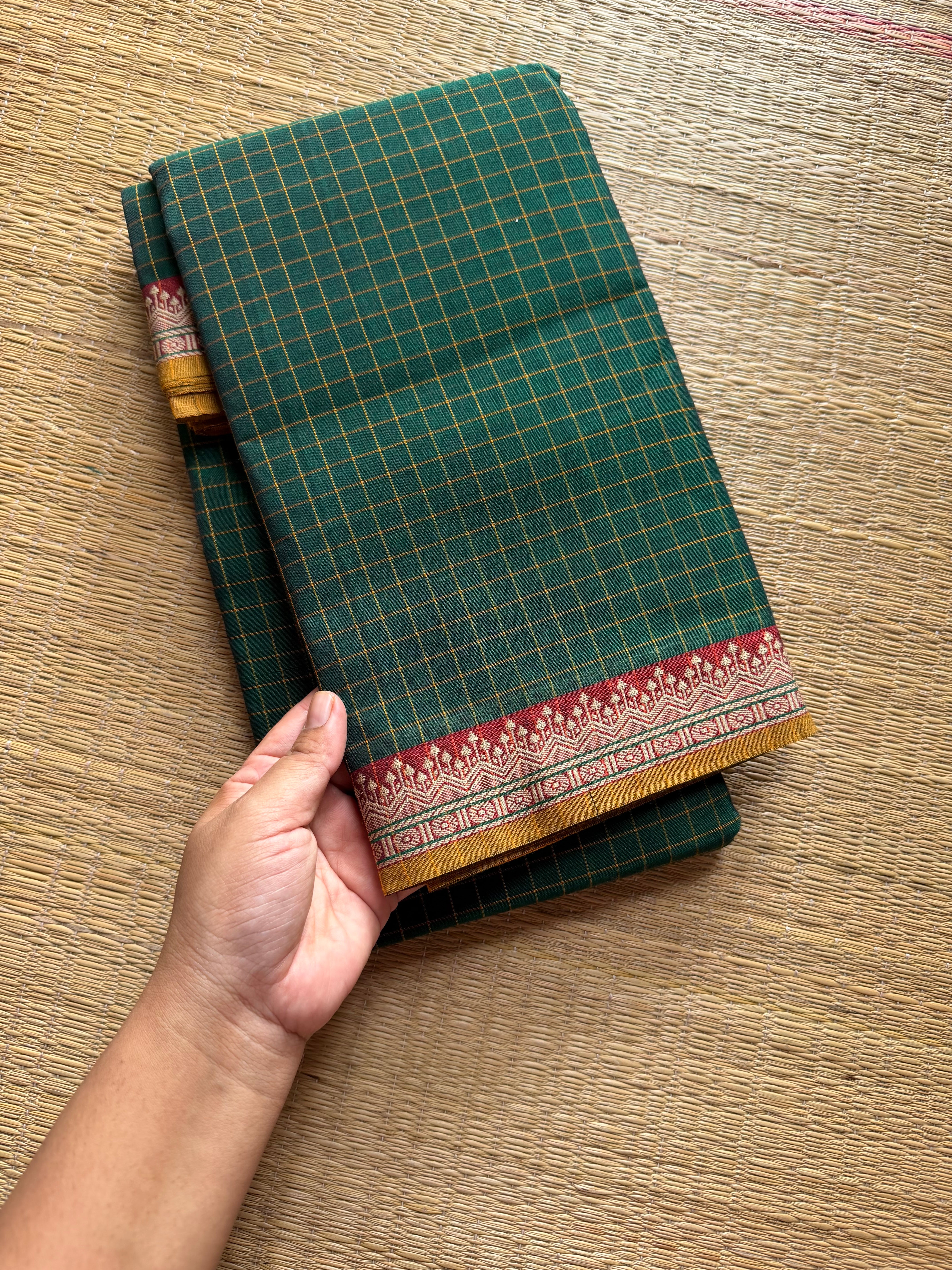 RF526 Dark bottle green Mercerised Narayanpet cotton saree with contrast small border and checks / kattam pattern