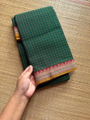 RF526 Dark bottle green Mercerised Narayanpet cotton saree with contrast small border and checks / kattam pattern