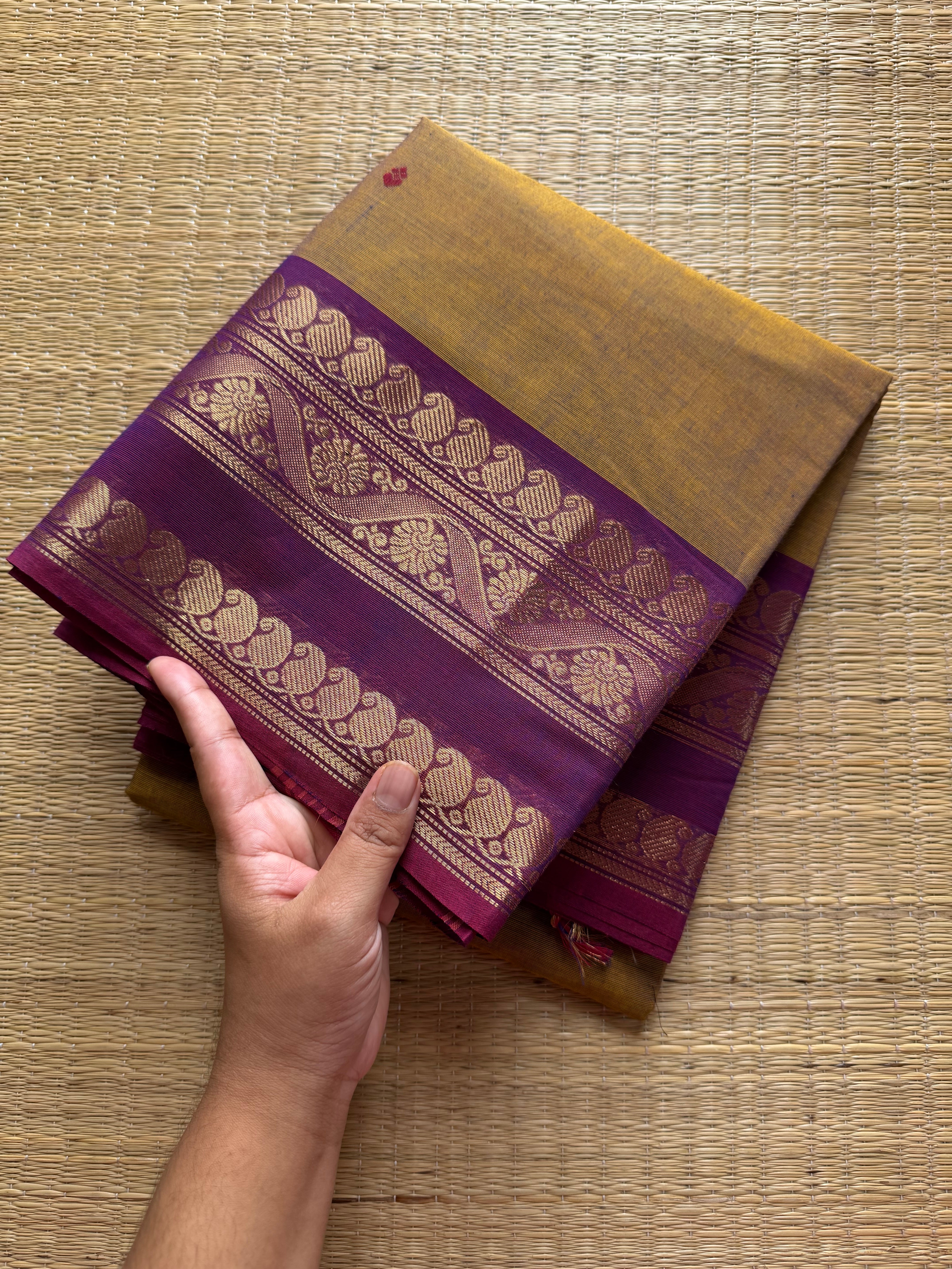 RF372 Dual tone metallic honey shade Kanchi cotton saree with contrast purple mango and floral pattern border & handmade Buttas