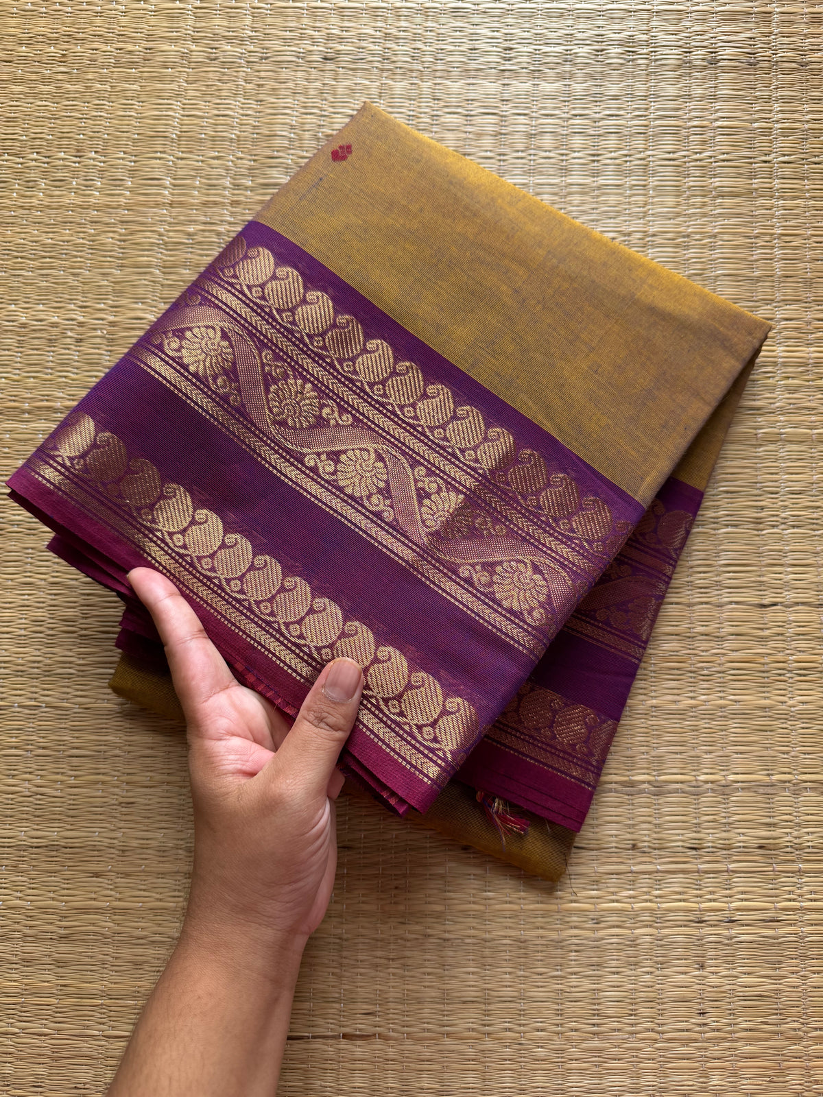 RF372 Dual tone metallic honey shade Kanchi cotton saree with contrast purple mango and floral pattern border & handmade Buttas