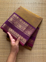 RF372 Dual tone metallic honey shade Kanchi cotton saree with contrast purple mango and floral pattern border & handmade Buttas