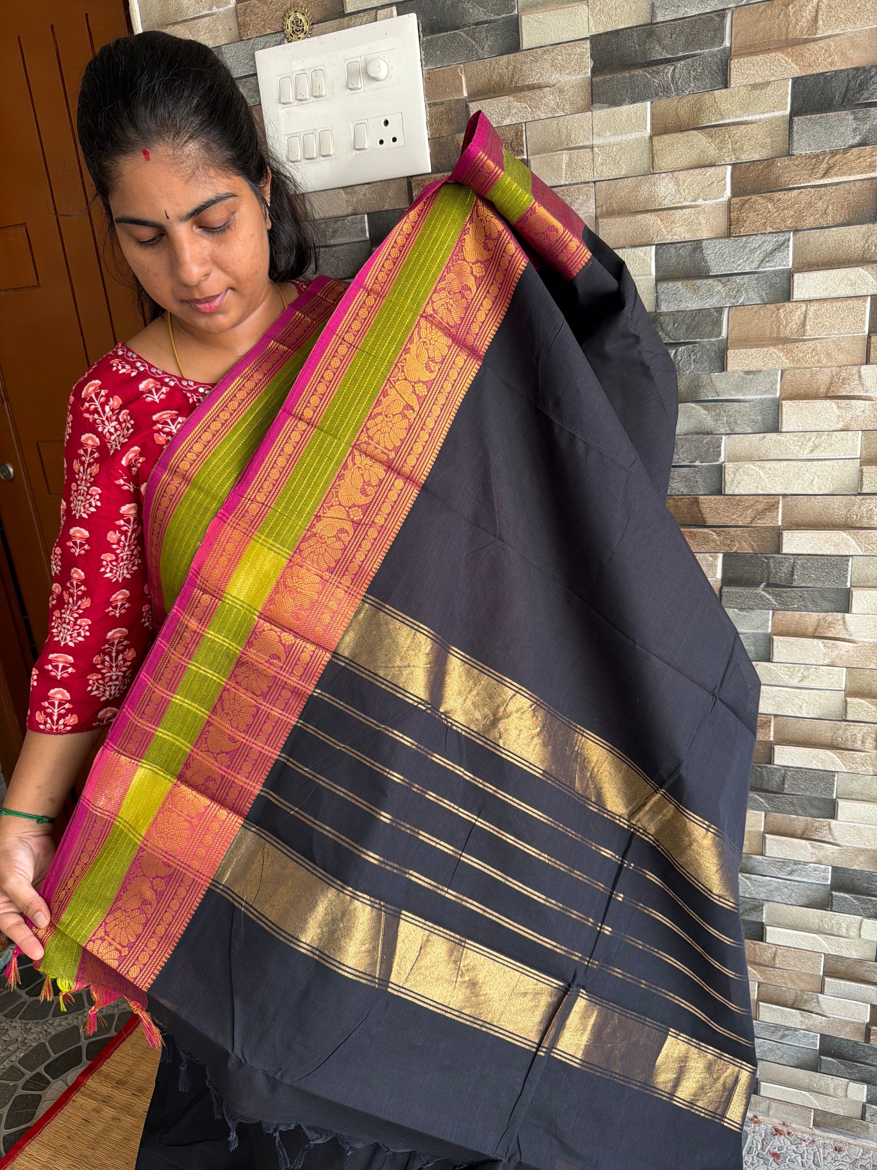 RF154 Black Kanchi Cotton Saree With contrast pink and parrot green combination medium size border with golden stripped lines Pallu