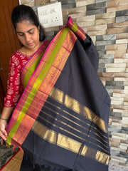 RF154 Black Kanchi Cotton Saree With contrast pink and parrot green combination medium size border with golden stripped lines Pallu