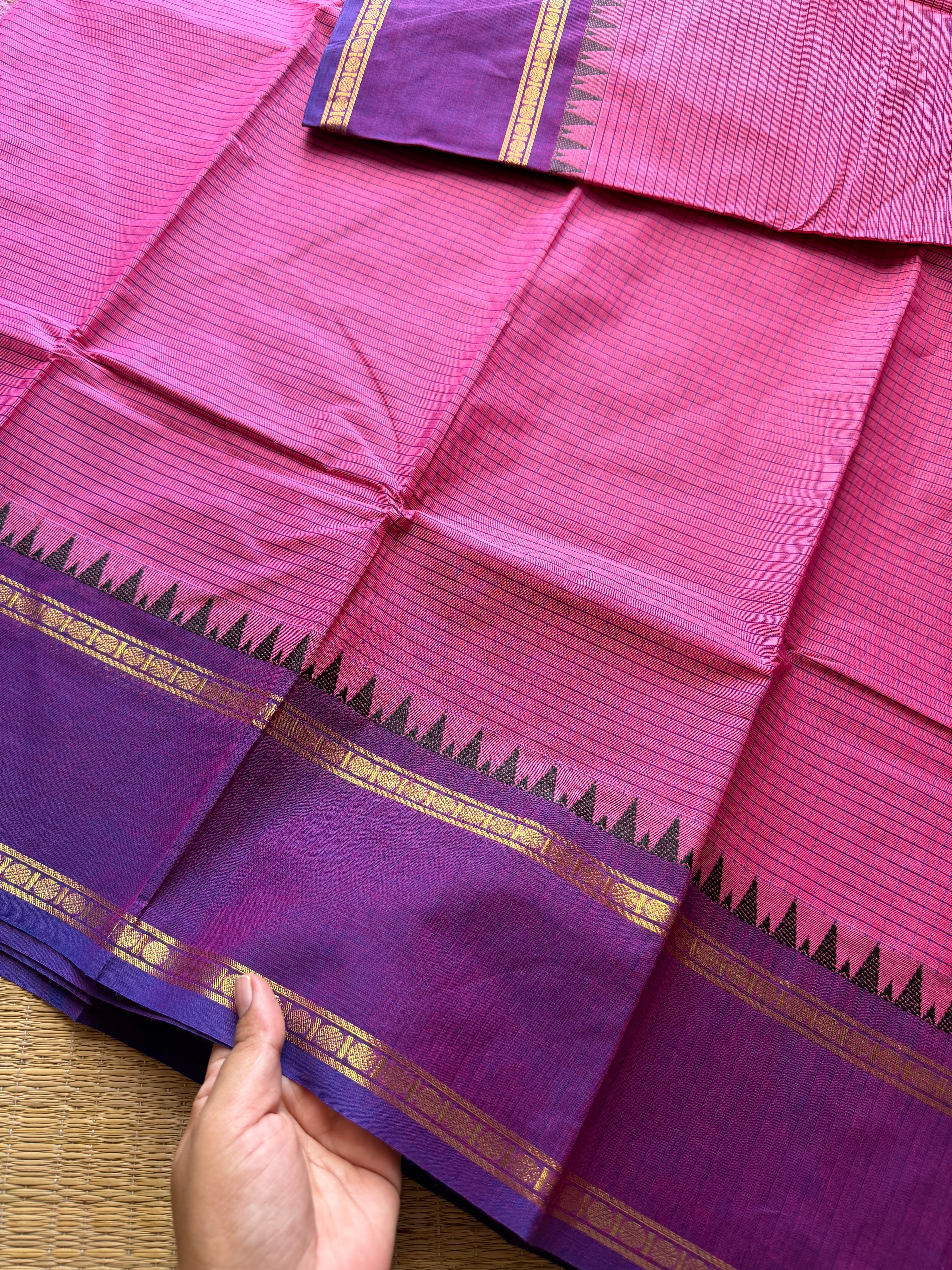 RF236 Pink & Purple combination vintage border Podi Kattam Kanchi cotton saree