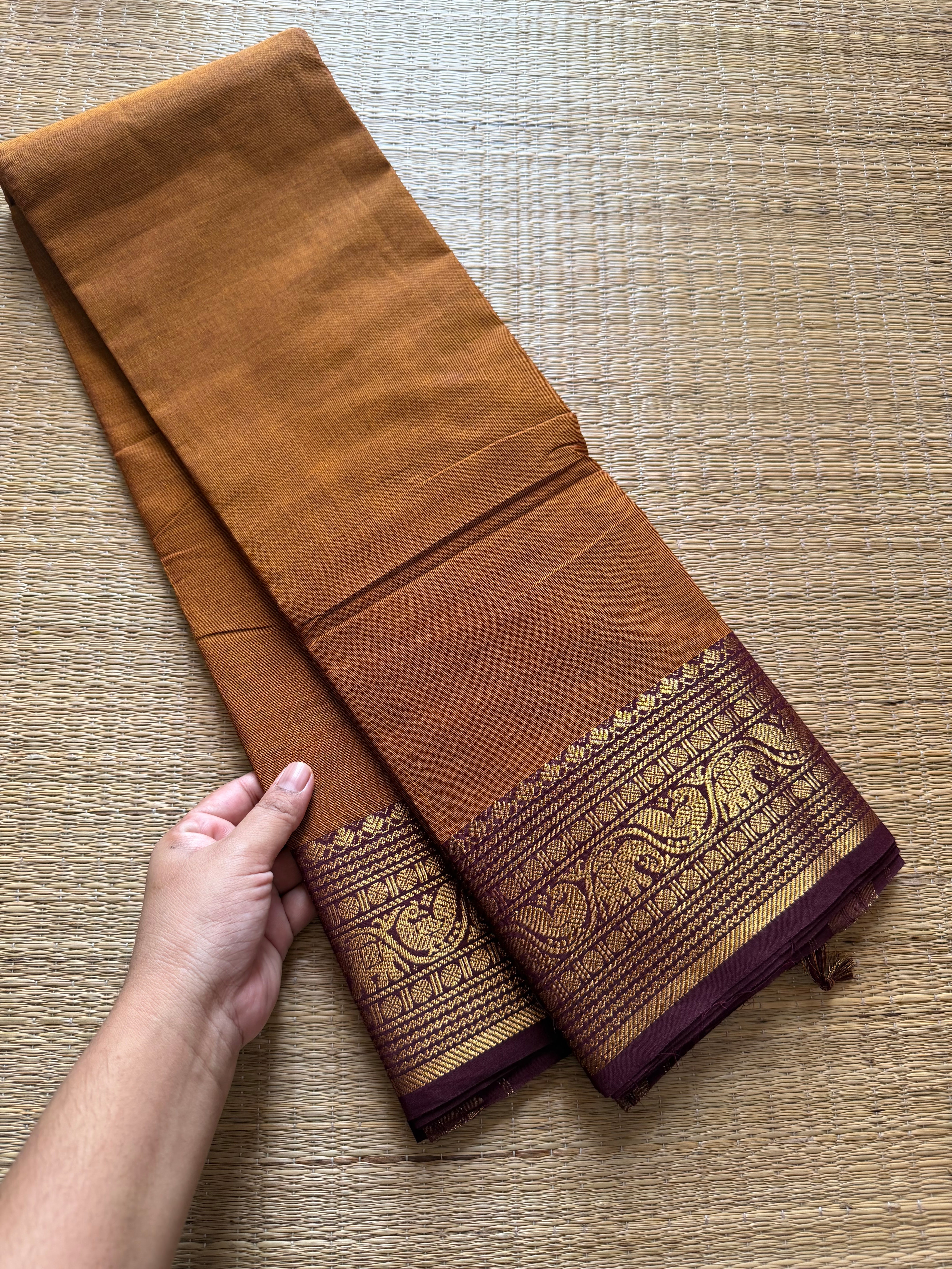 RF291 Dark honey shade with brown combination Kanchi cotton saree with peacock & elephant pattern Zari border