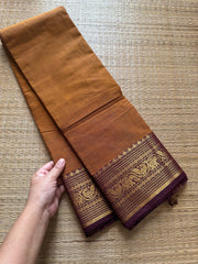 RF291 Dark honey shade with brown combination Kanchi cotton saree with peacock & elephant pattern Zari border