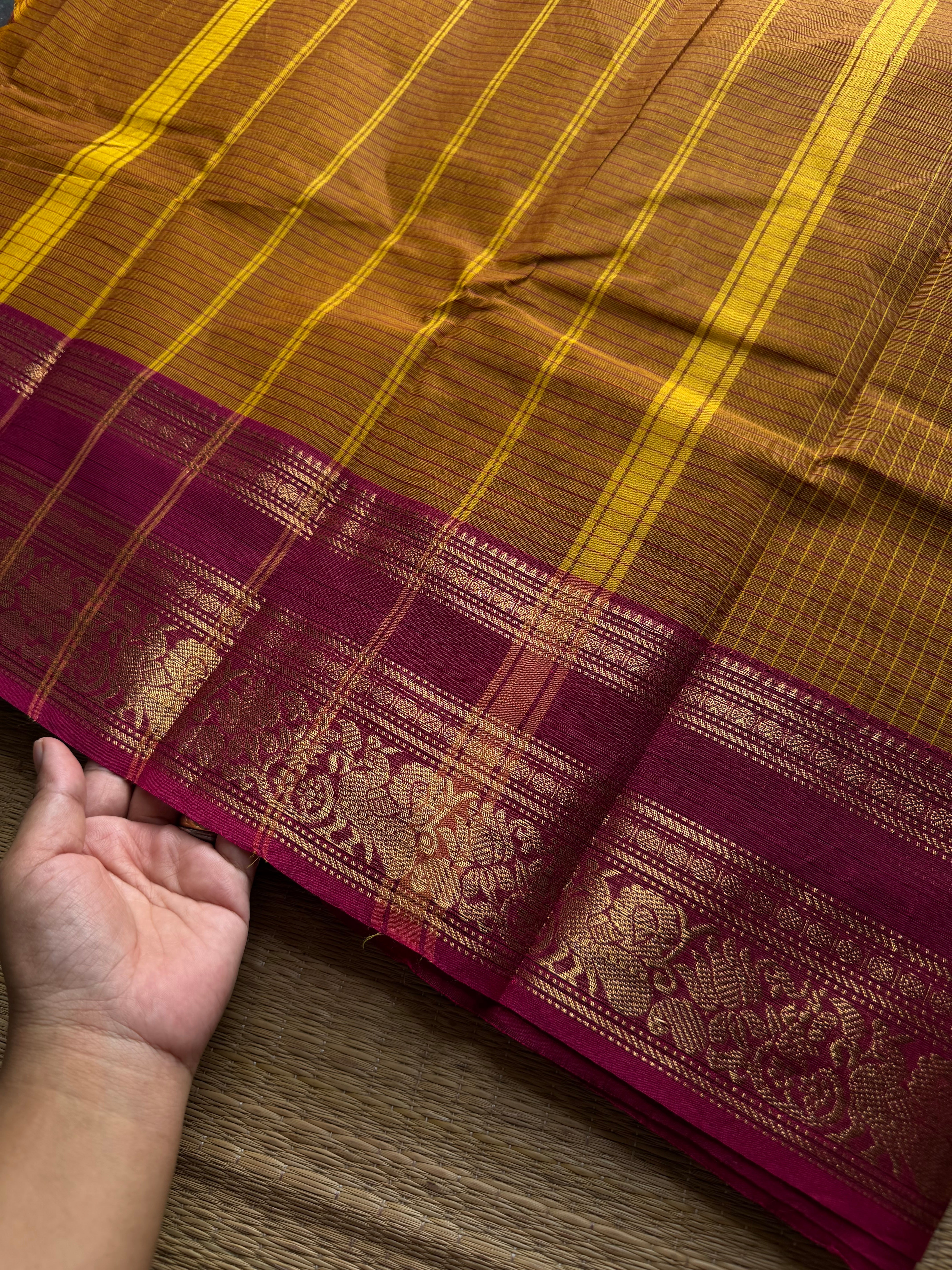 RF1030 Mustard shade Kanchi cotton saree with Podikattam / checks pattern