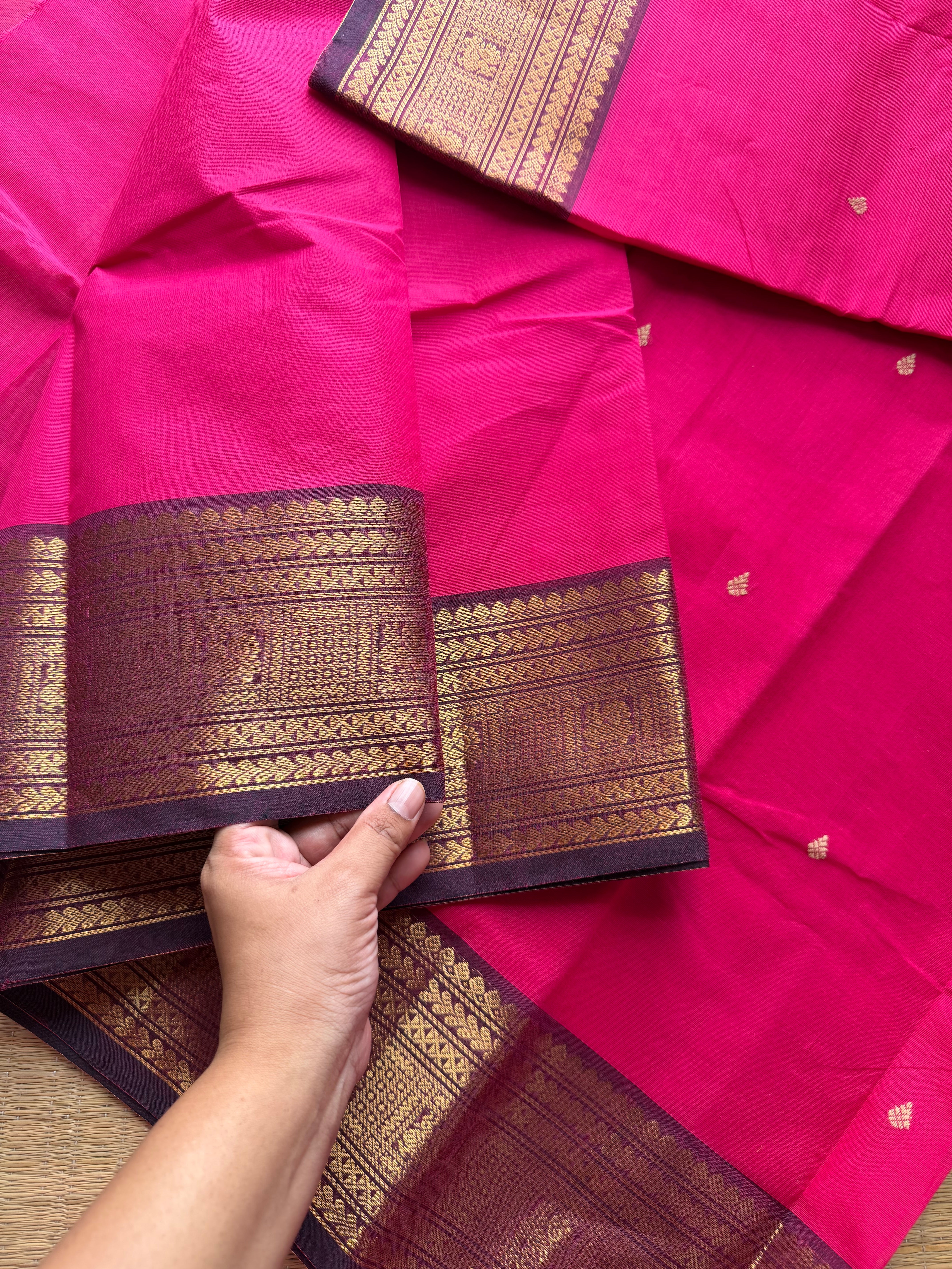 RF500 Rani pink with purple border combination Kanchi cotton saree with handmade thread buttas
