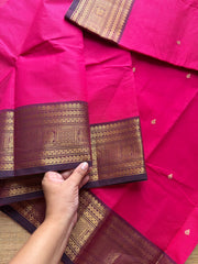 RF500 Rani pink with purple border combination Kanchi cotton saree with handmade thread buttas