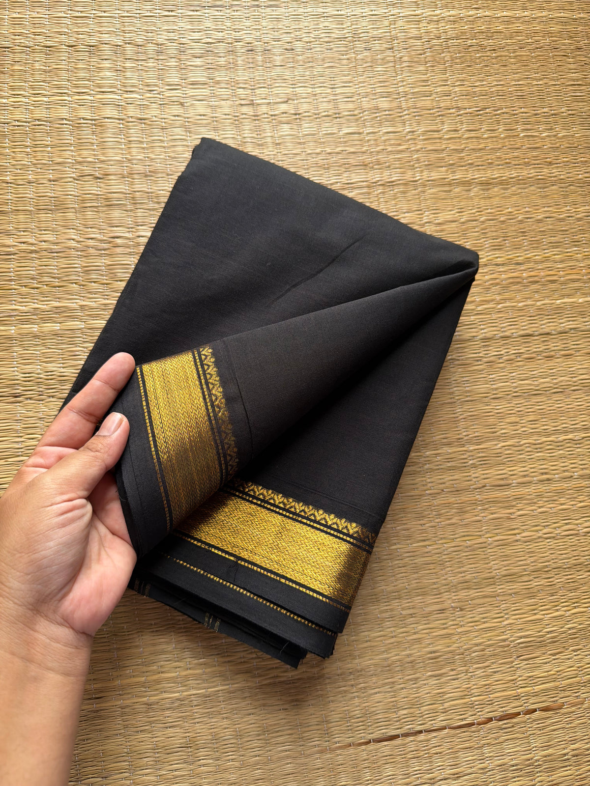 RF206 Black Kanchi cotton saree with small Zari border