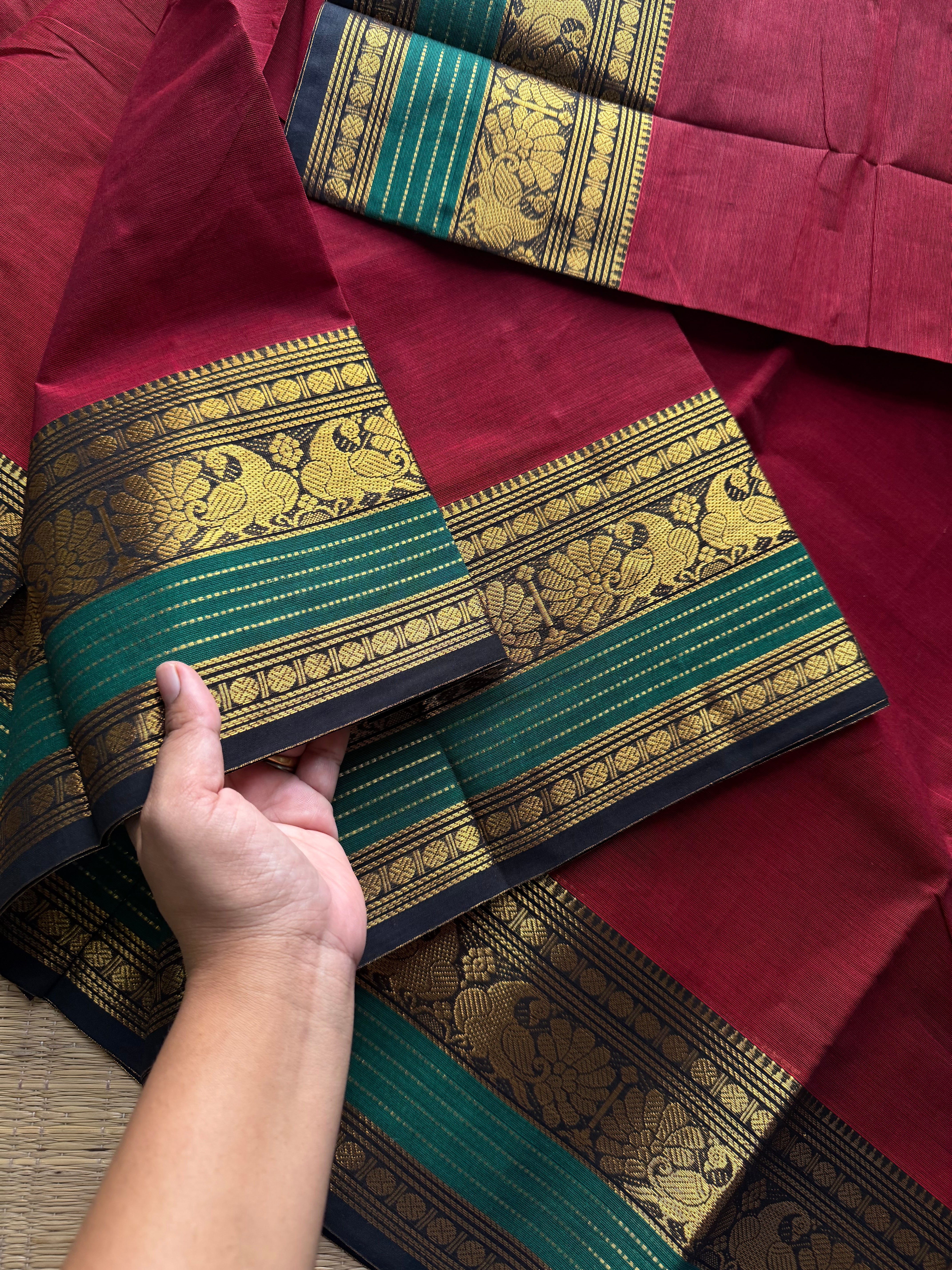 RF1017 Maroon with green ~ Silk Saree Inspired Kanchi Cotton Saree