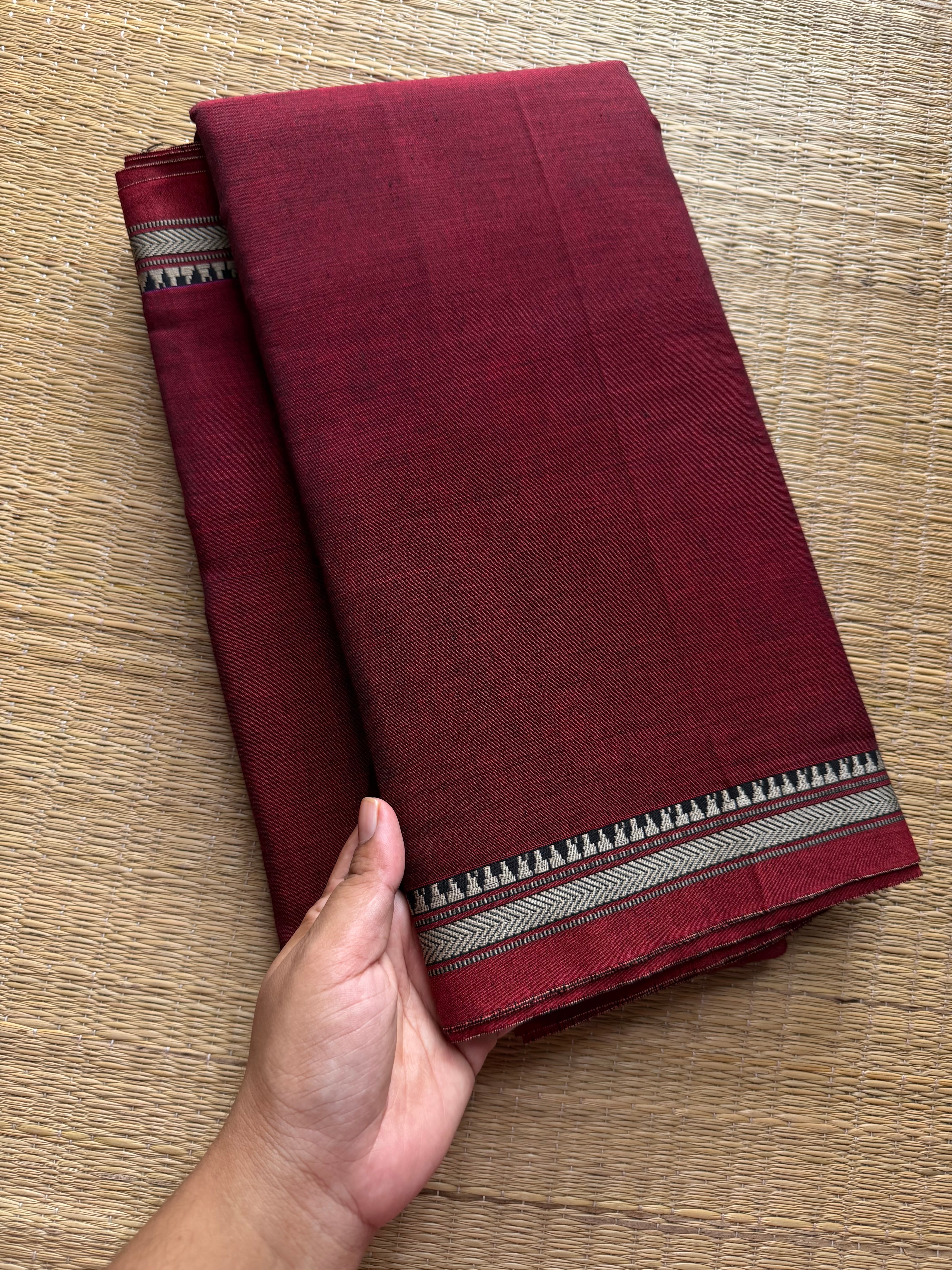 RF379 Maroon shade Narayanpet Mercerised Cotton Saree with small border