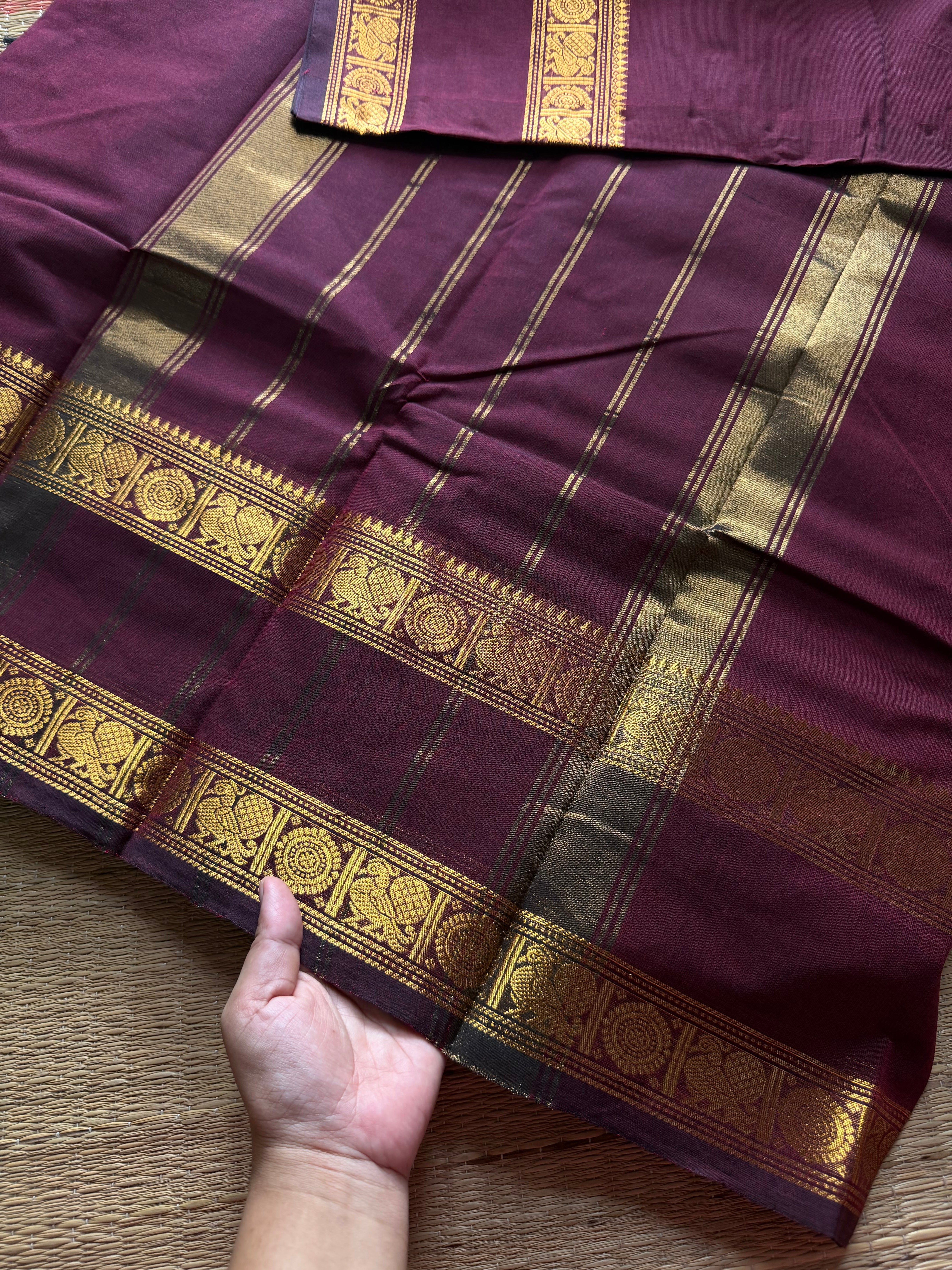 RF464 Maroon shade monotone Kanchi cotton saree with Annam pattern gap / Rettapet border