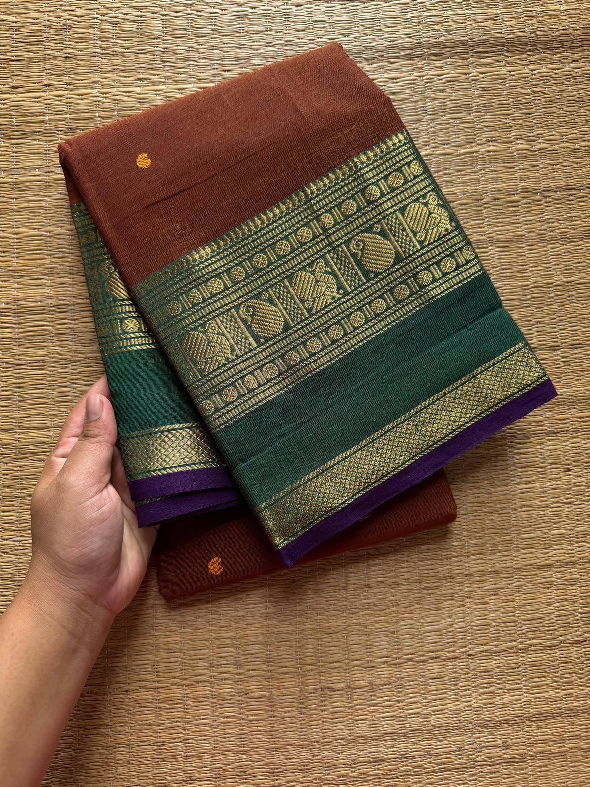 RF513 Honey shade with contrast green and purple combination Kanchi cotton saree with handmade thread buttas