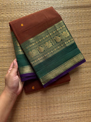 RF513 Honey shade with contrast green and purple combination Kanchi cotton saree with handmade thread buttas
