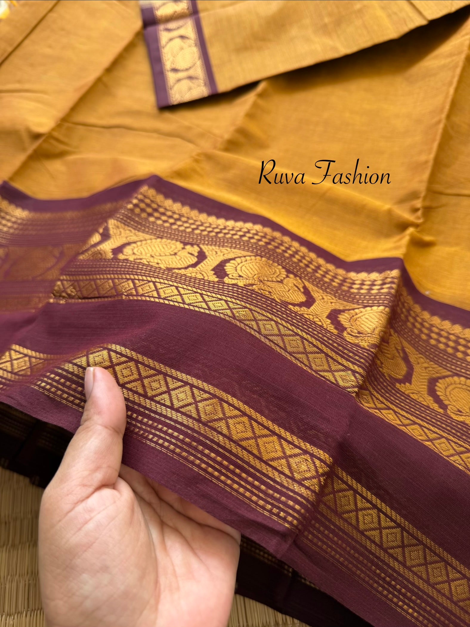 RF174 Dark Mustard shade with contrast maroon combination Kanchi cotton saree