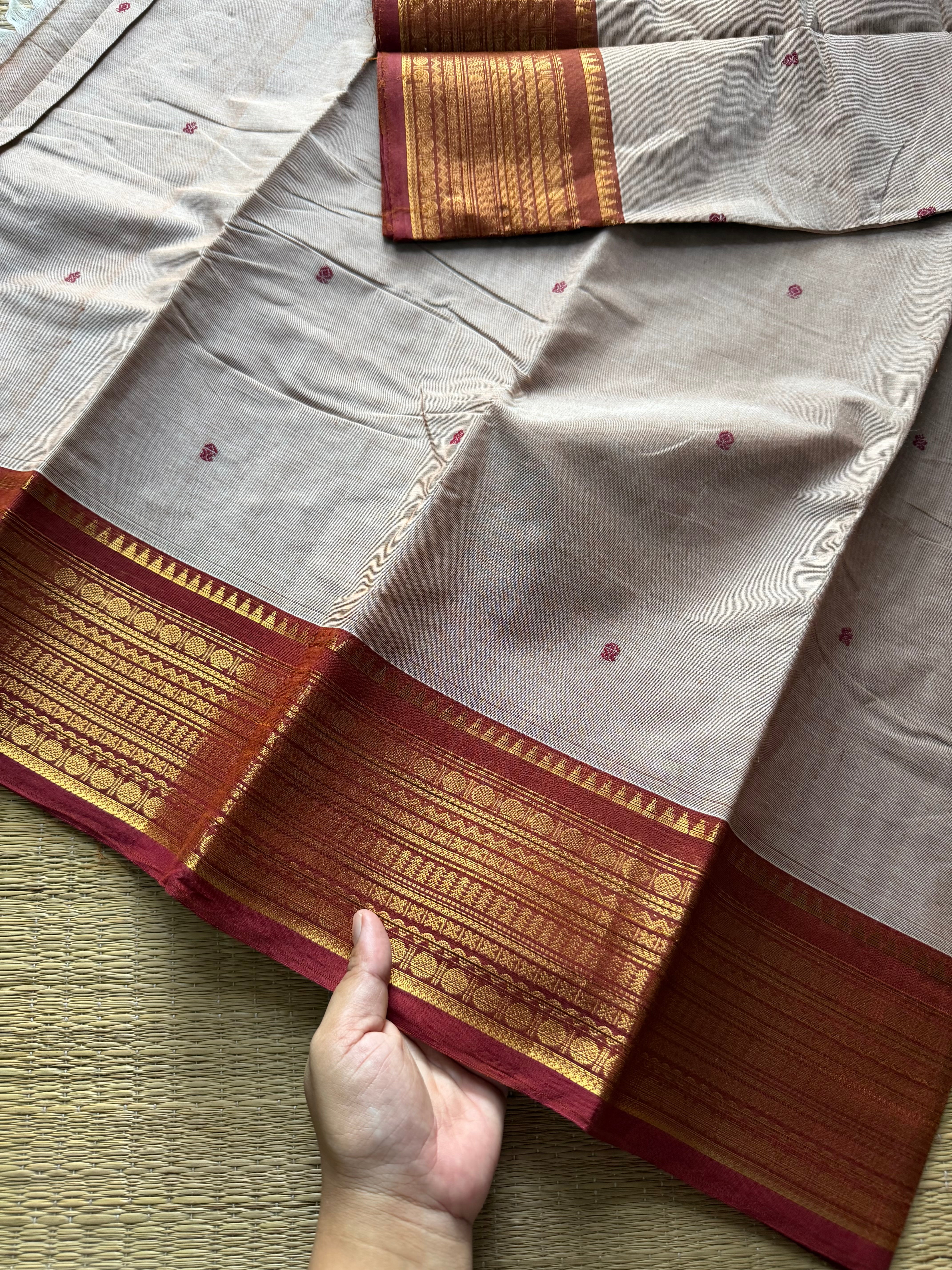 RF447 Beige with contrast rust orange combination Kanchi cotton saree with handmade thread buttas