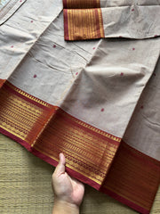 RF447 Beige with contrast rust orange combination Kanchi cotton saree with handmade thread buttas