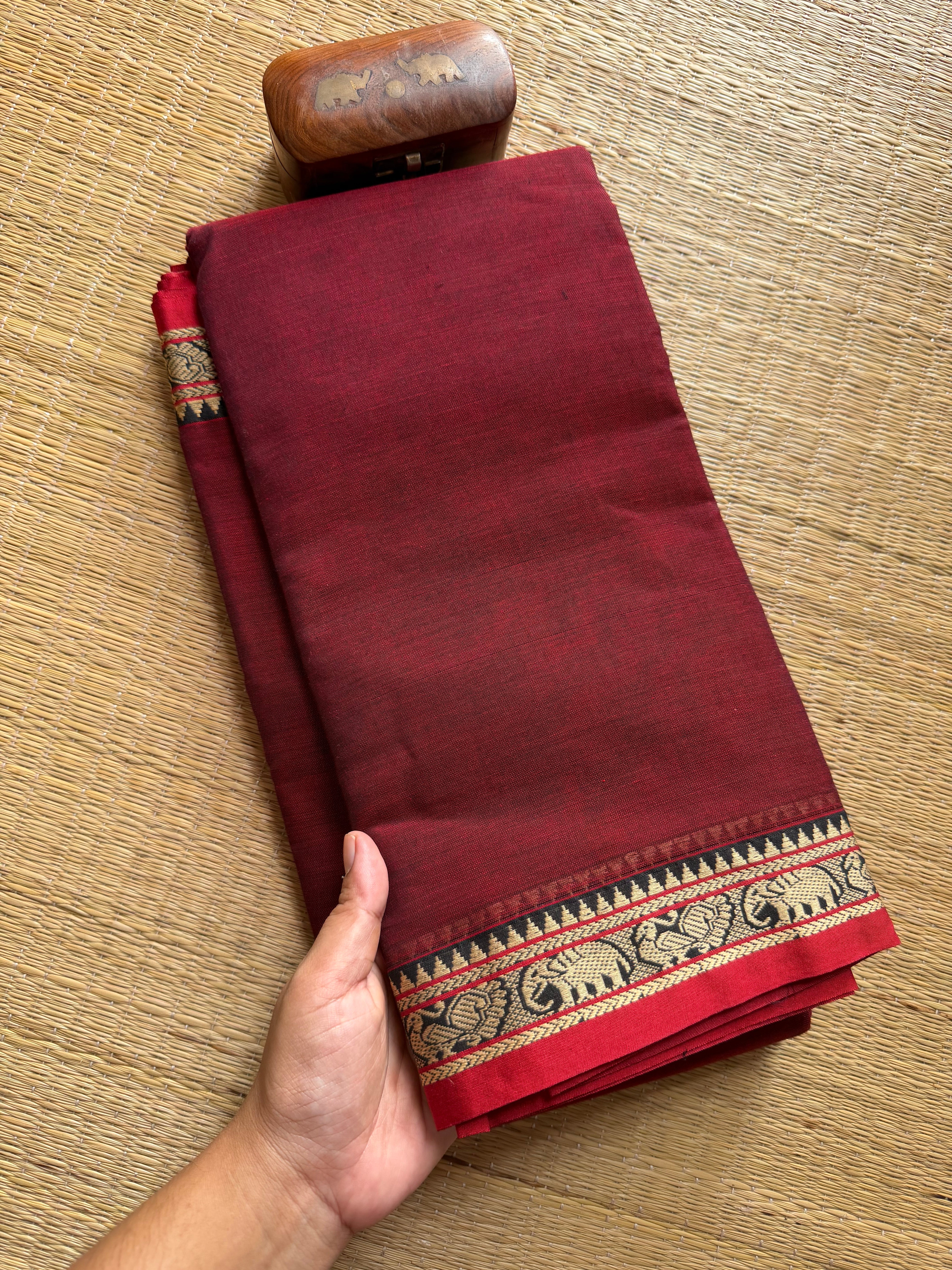 RF319 Maroon Mercerised Narayanpet Cotton Saree With Small Annam and elephant pattern border