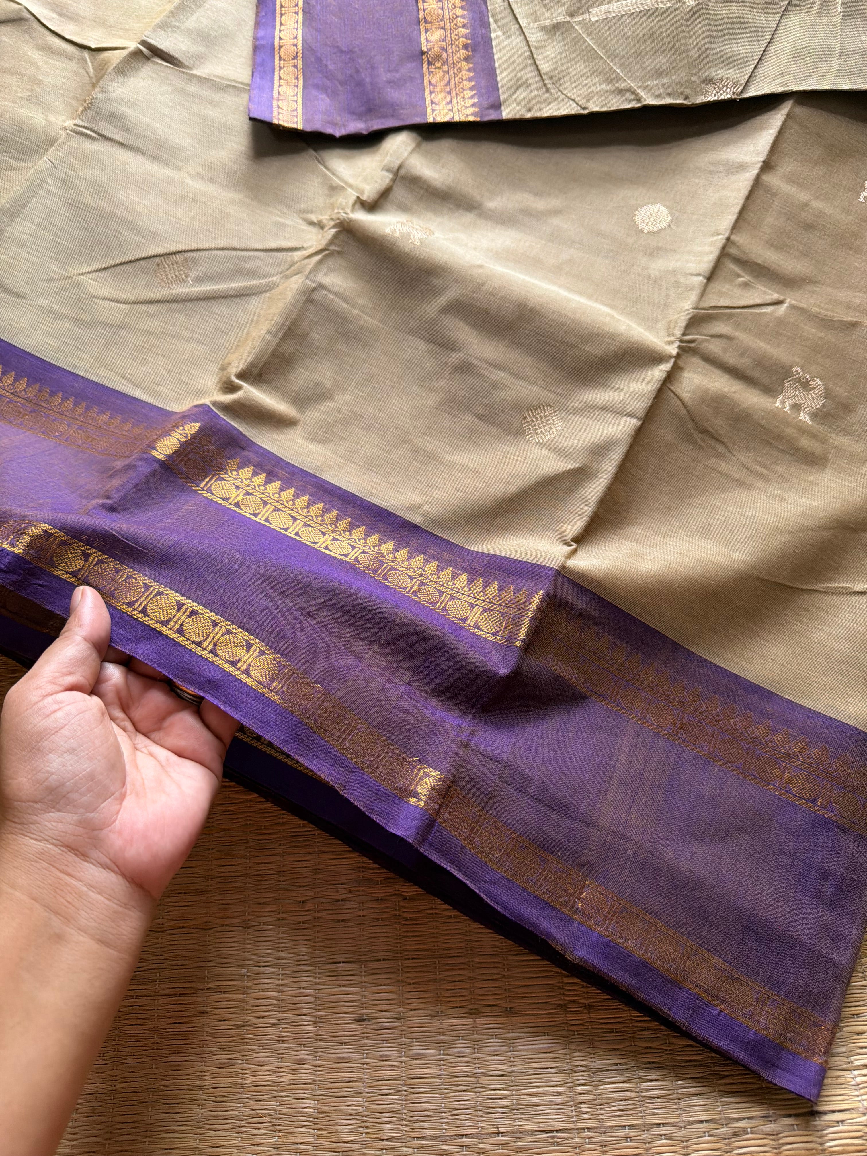 RF1376 Premium 120 count Rich Pallu Kanchi cotton saree with traditional gap border & yazhi pattern buttas ~ Beige shade