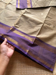 RF1376 Premium 120 count Rich Pallu Kanchi cotton saree with traditional gap border & yazhi pattern buttas ~ Beige shade