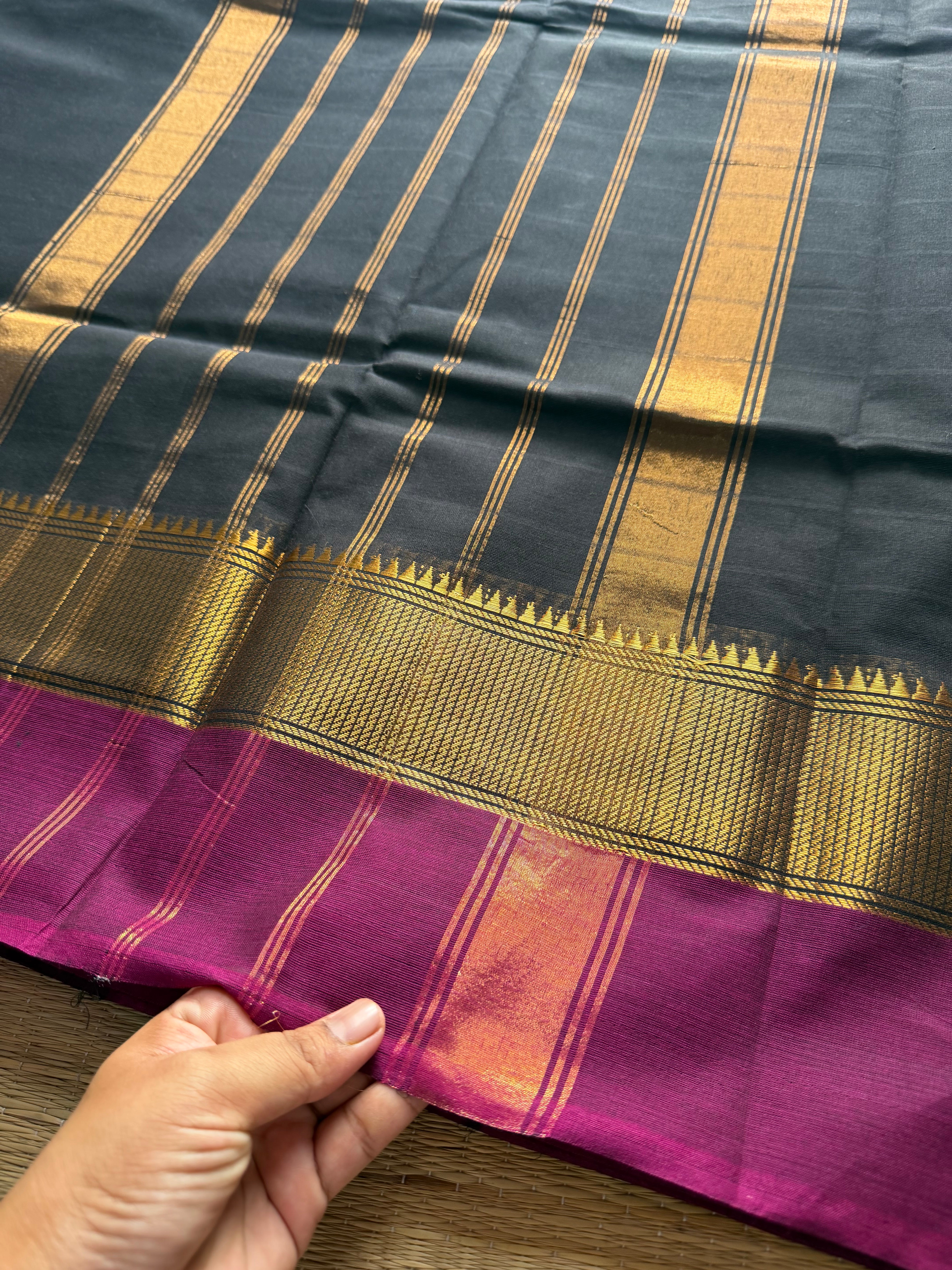 RF279 Black Kanchi Cotton saree with contrast magenta pink border