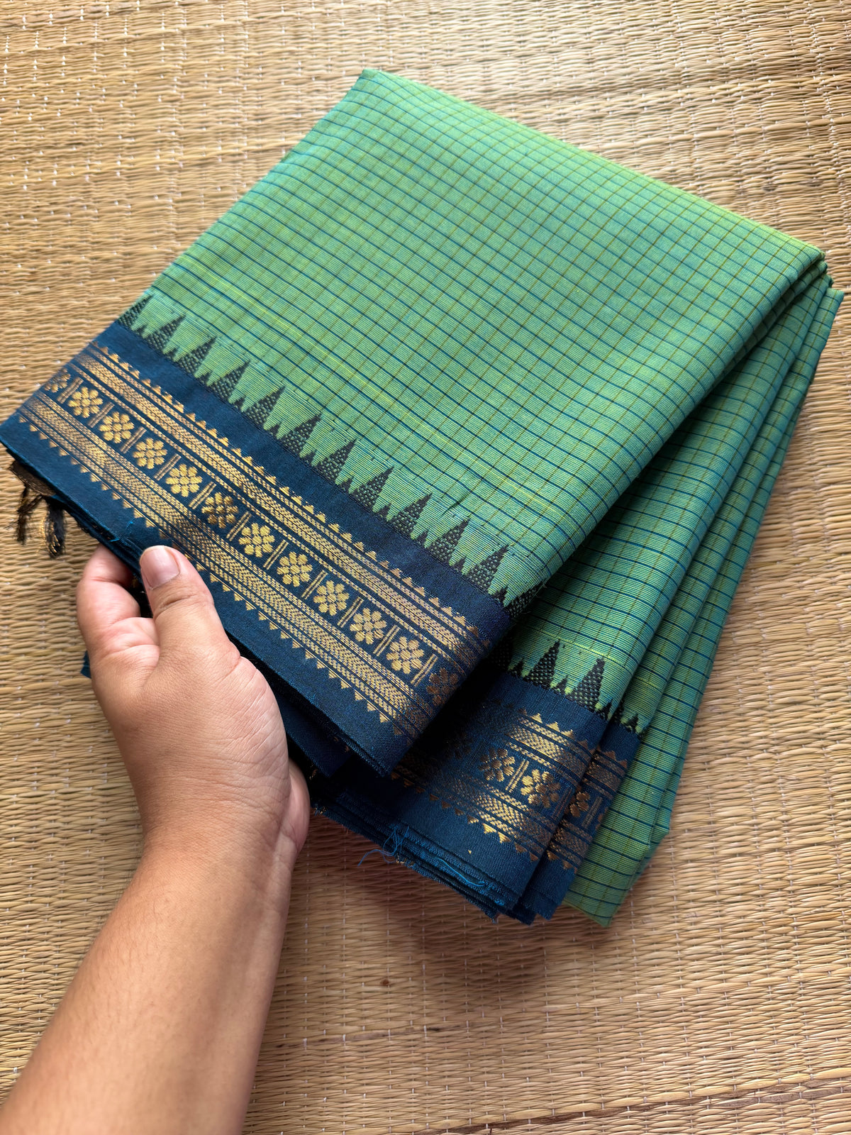 RF264 Turquoise with teal blue combination Podi Kattam Kanchi cotton saree with small border