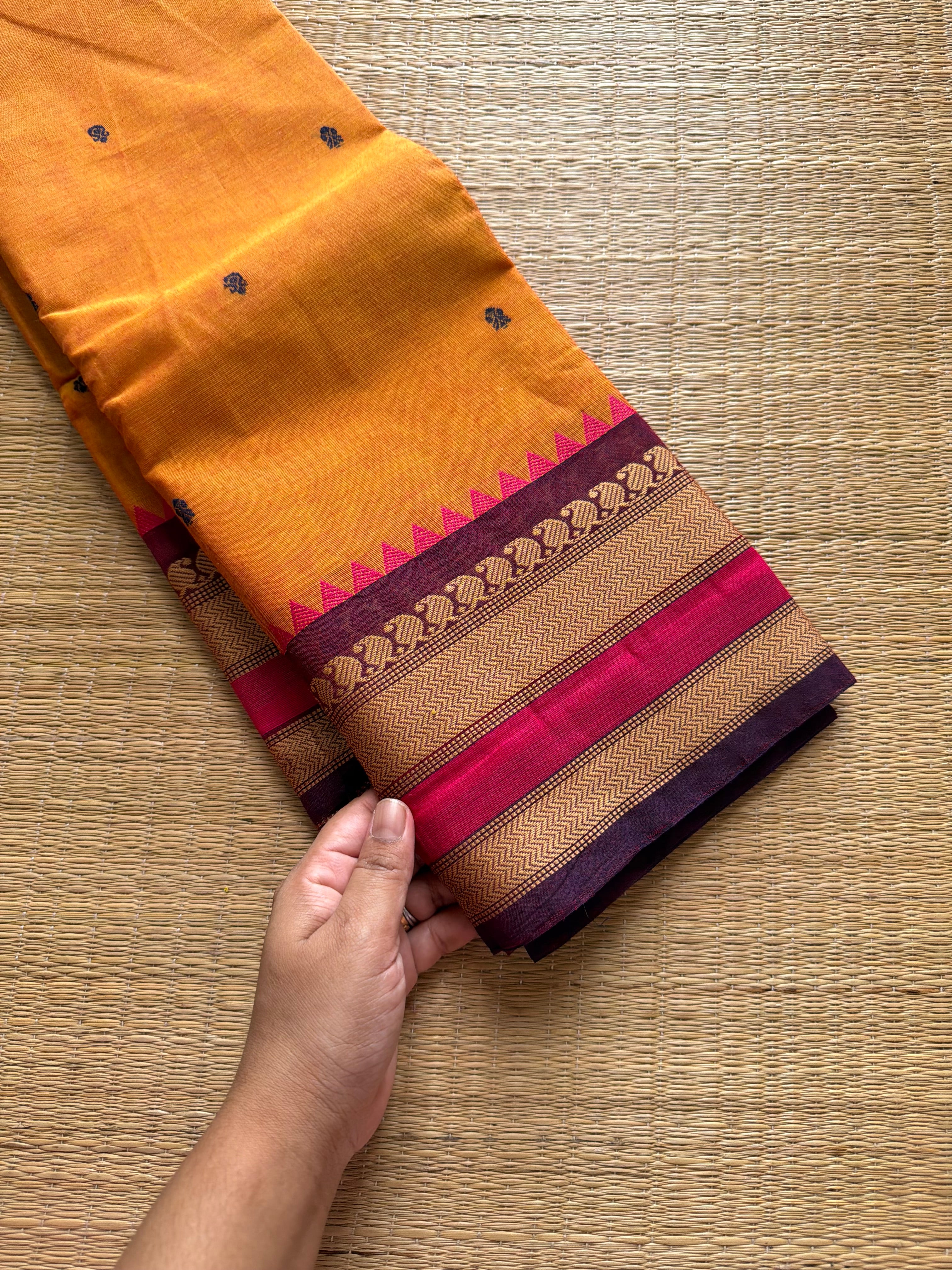 Premium & Soft Thread border Kanchi cotton saree with handmade thread buttas ~ Dark Mango Shade