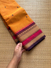 Premium & Soft Thread border Kanchi cotton saree with handmade thread buttas ~ Dark Mango Shade
