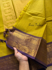 Yellow with Purple shade Premium Kanchi Cotton saree With Vaira Oosi pattern and intricate Rich Zari woven Pallu