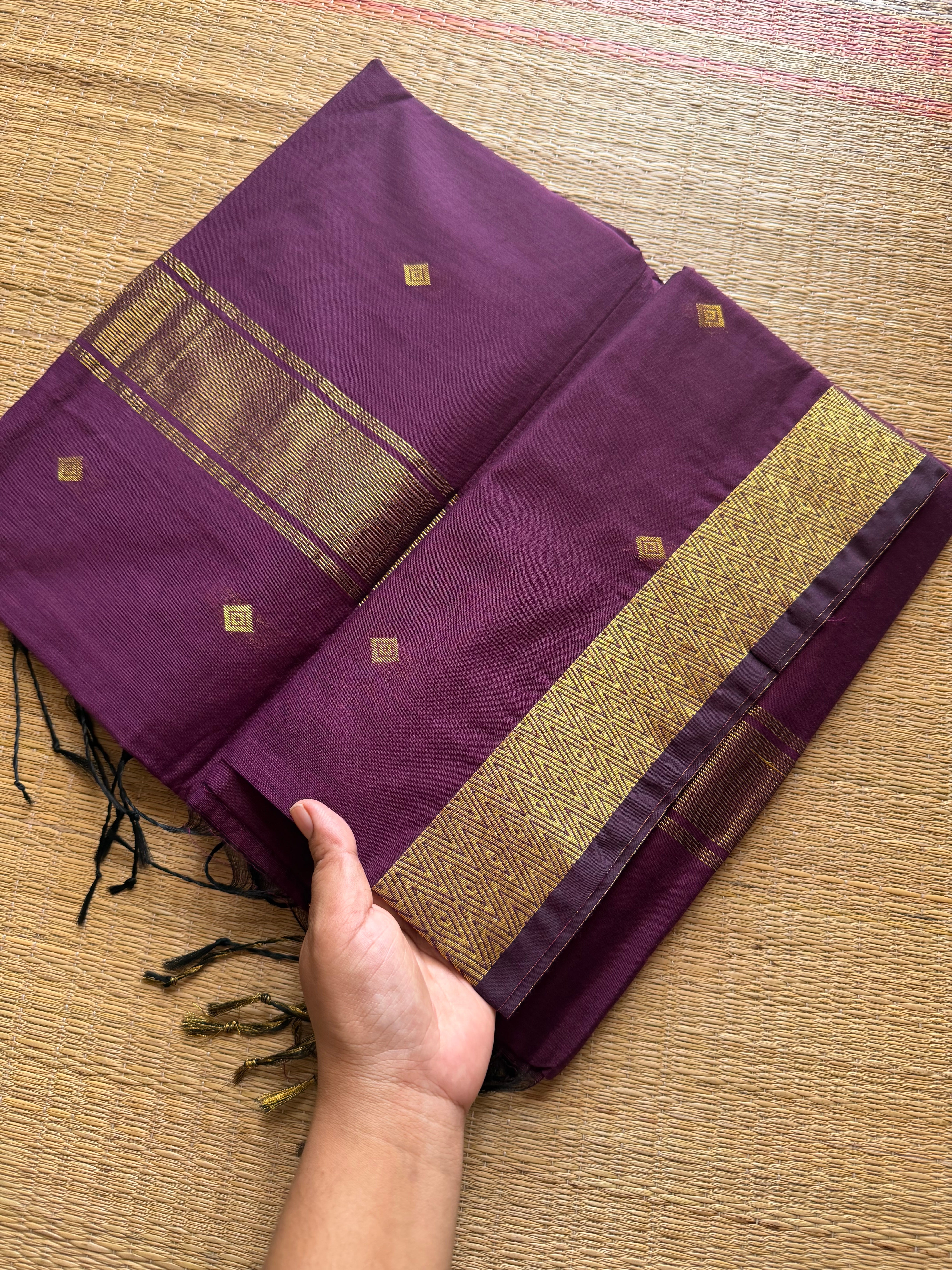 RF239 Dark Purple Monotone Maheswari Semi Silk Cotton Saree with rich gold Zari border