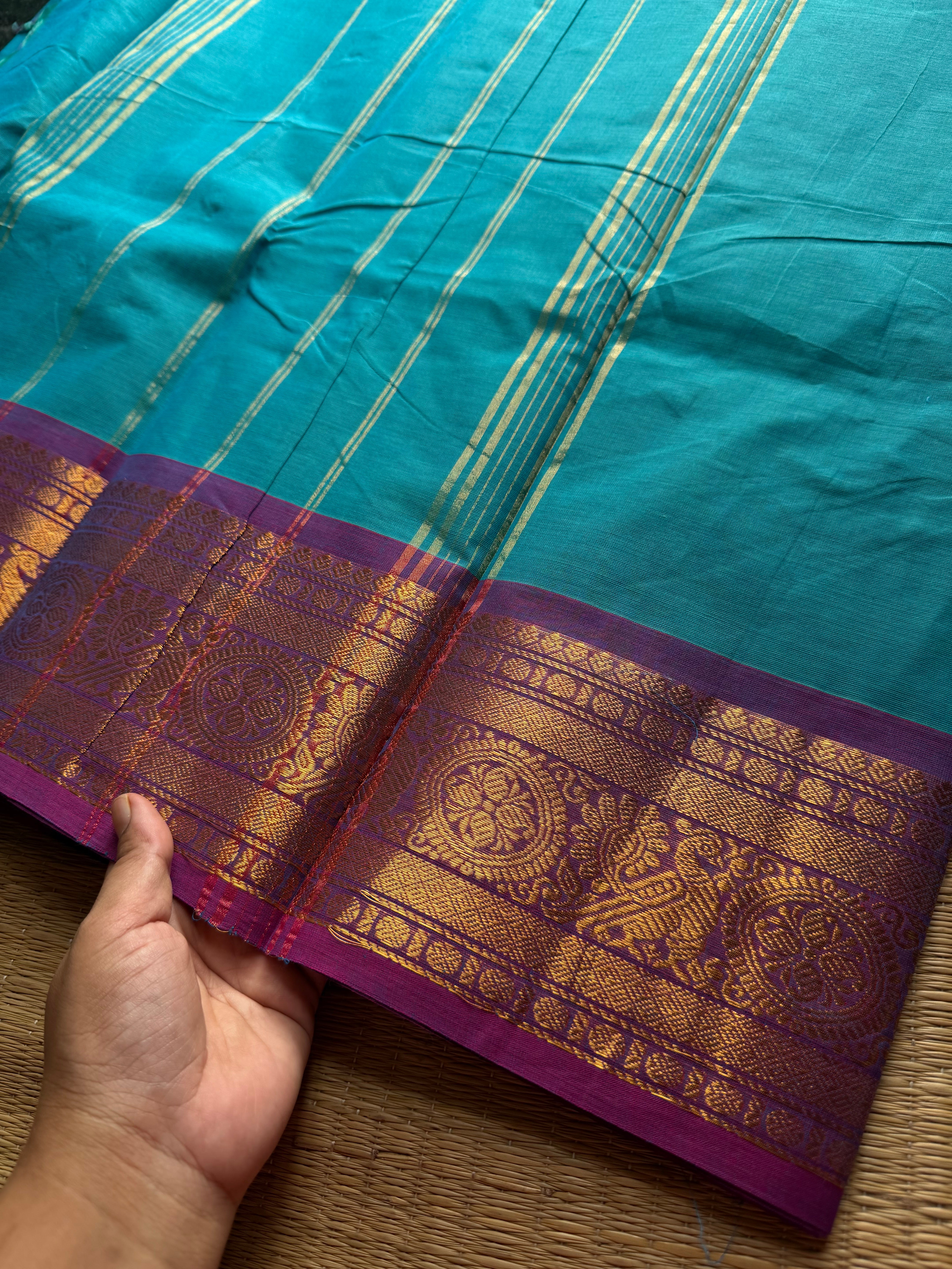 RF599 Sky blue shade with light purple combination Kanchi cotton saree