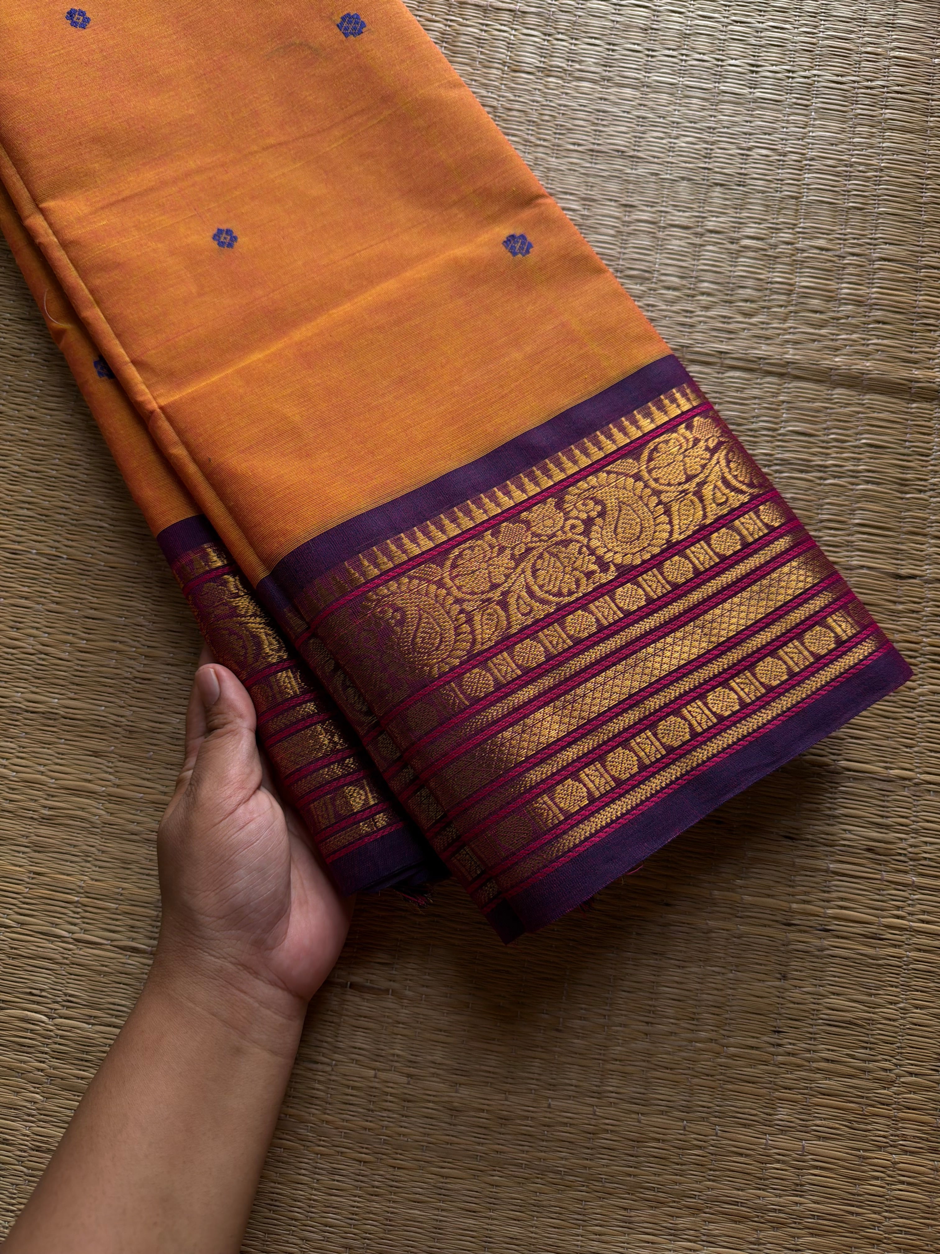 RF880 Orange with purple combination Kanchi cotton saree with handmade thread buttas
