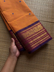 RF880 Orange with purple combination Kanchi cotton saree with handmade thread buttas
