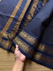 RF552 Kanchi Kattam : Monotone navy blue shade with checks / Kattam pattern saree