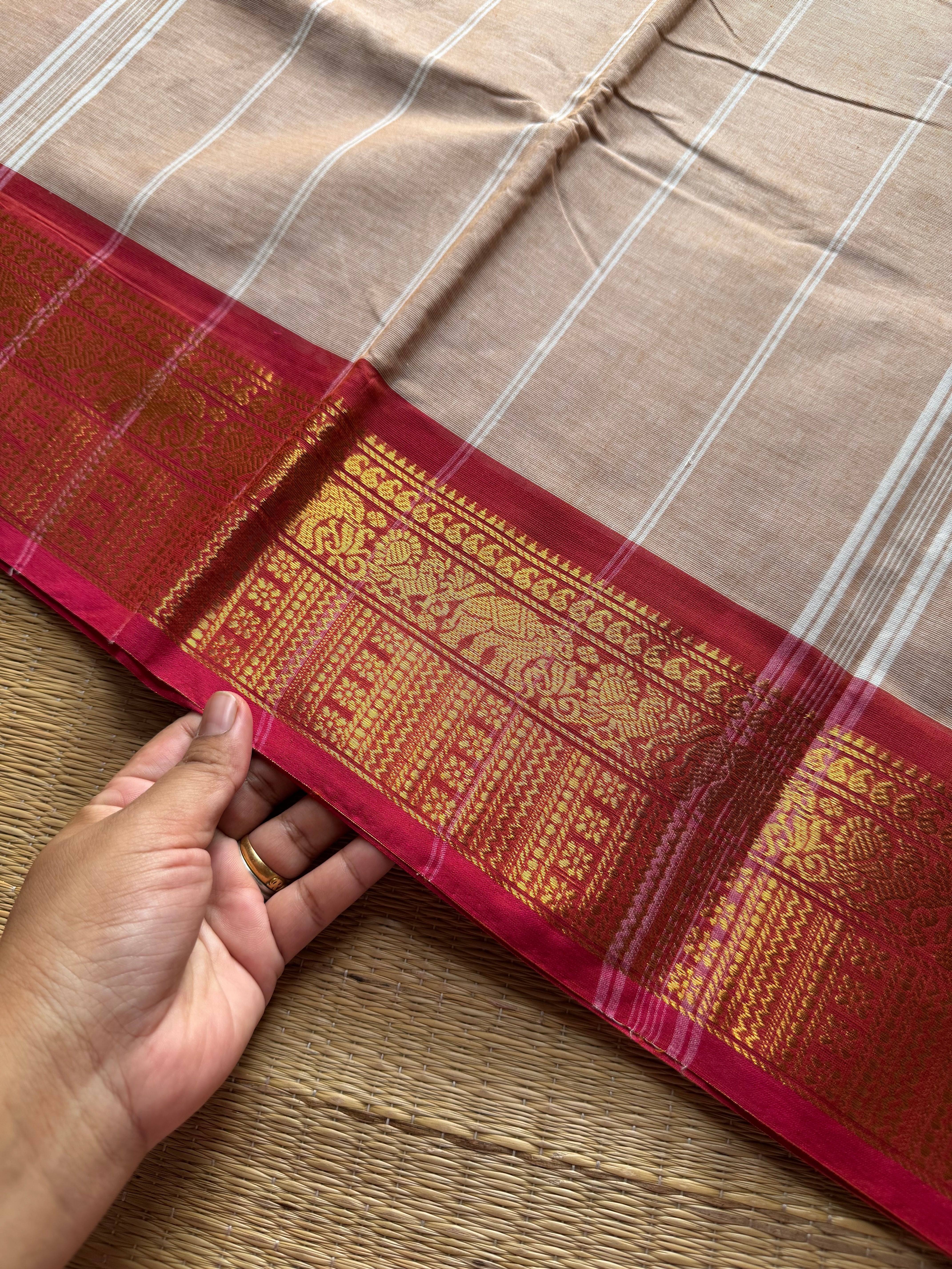 RF1188 Beige with pink combination Kanchi cotton saree ~ Silk saree inspired