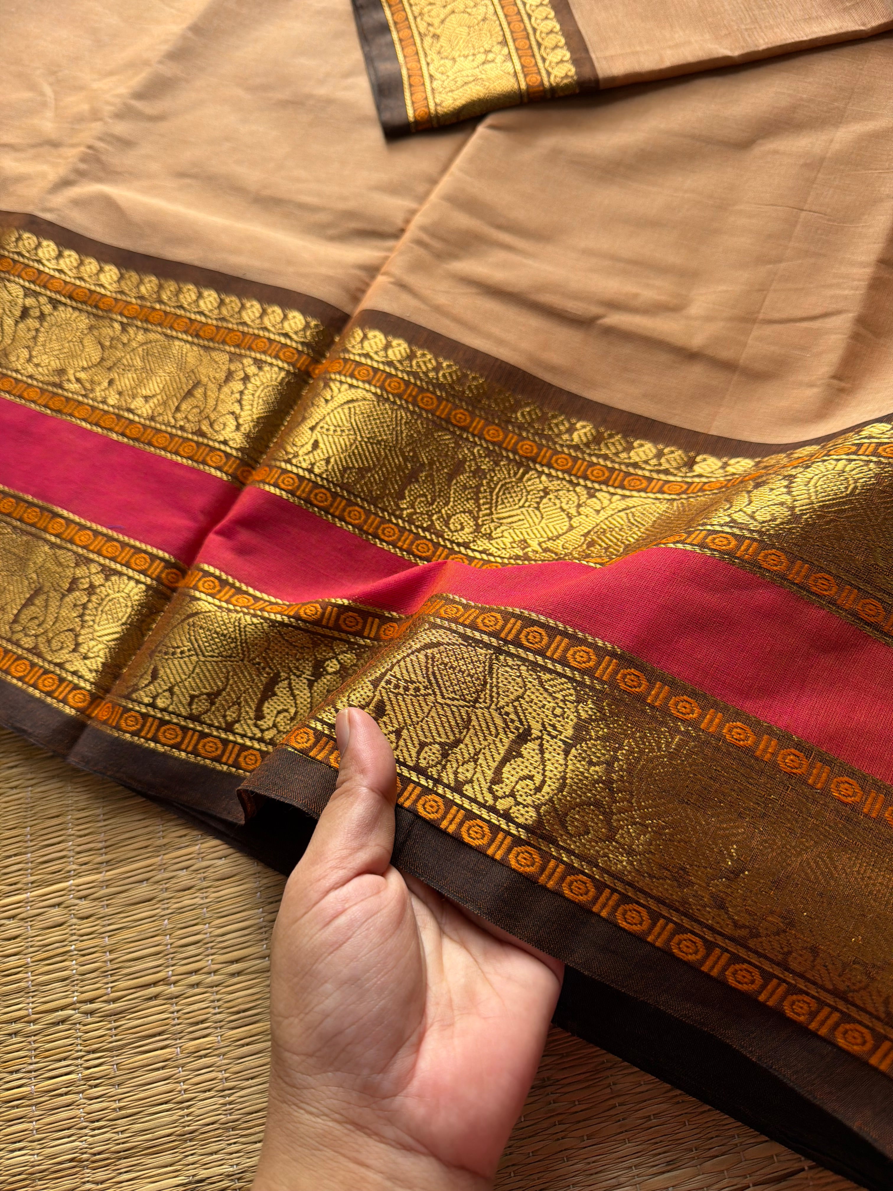 Beige shade Kanchi cotton saree with Rettapet border