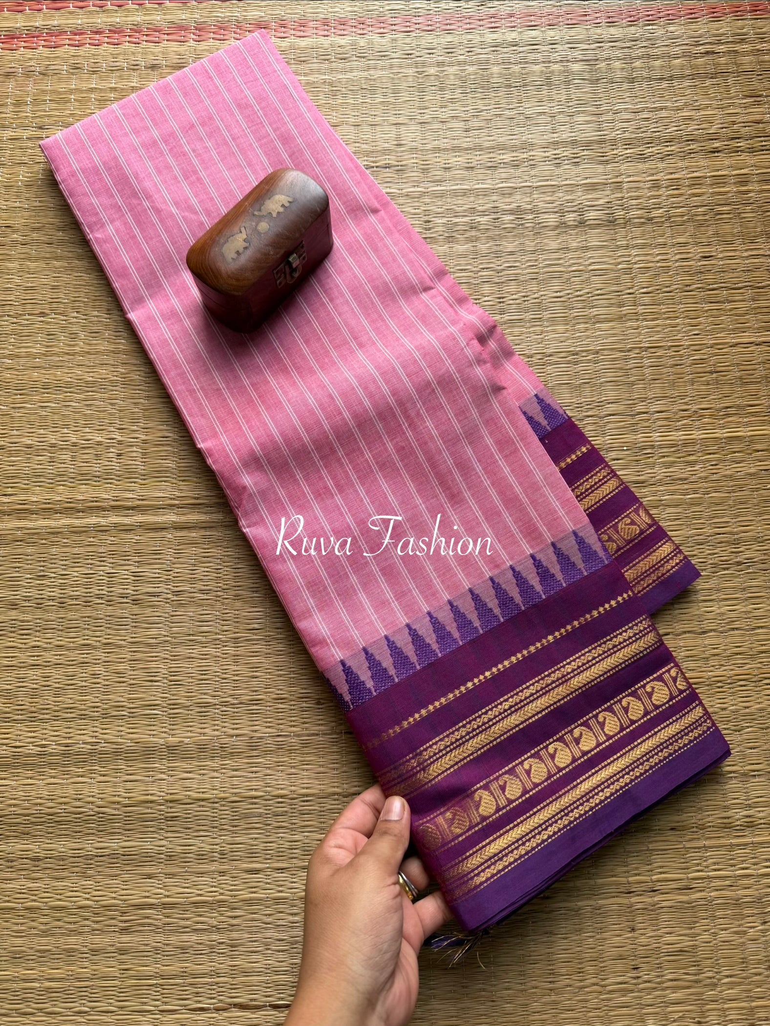 Pastel Pink With Purple combination Kanchi cotton saree with striped pattern