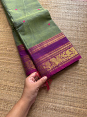 Dual tone green shade Kanchi cotton saree with contrast floral pattern border and handmade thread buttas
