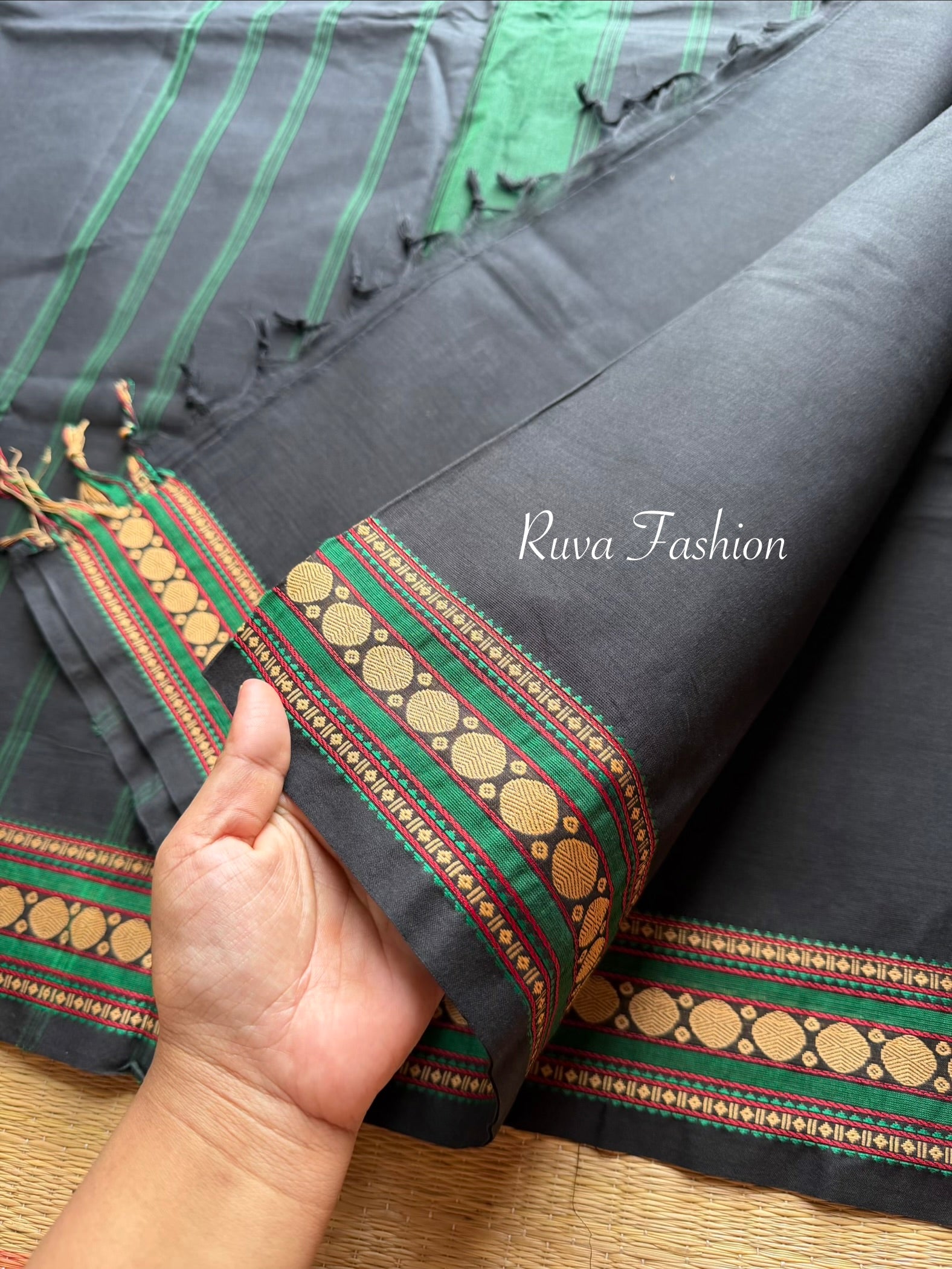 RF6 Black Soft Kanchi Cotton Saree With Small Thread Border - RF6