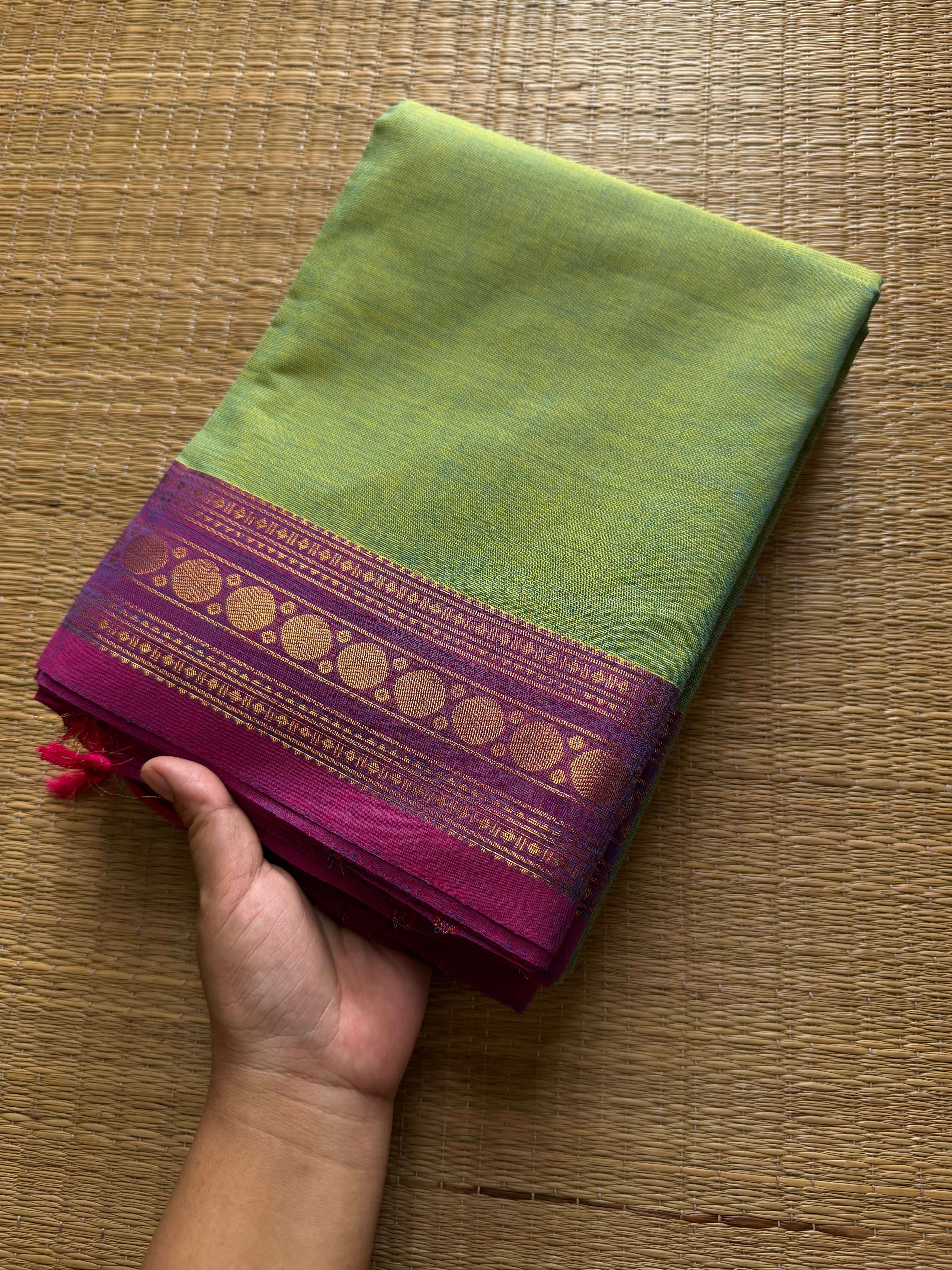 RF442 Dual tone Apple green shade with lavender combination small border Kanchi cotton sarees