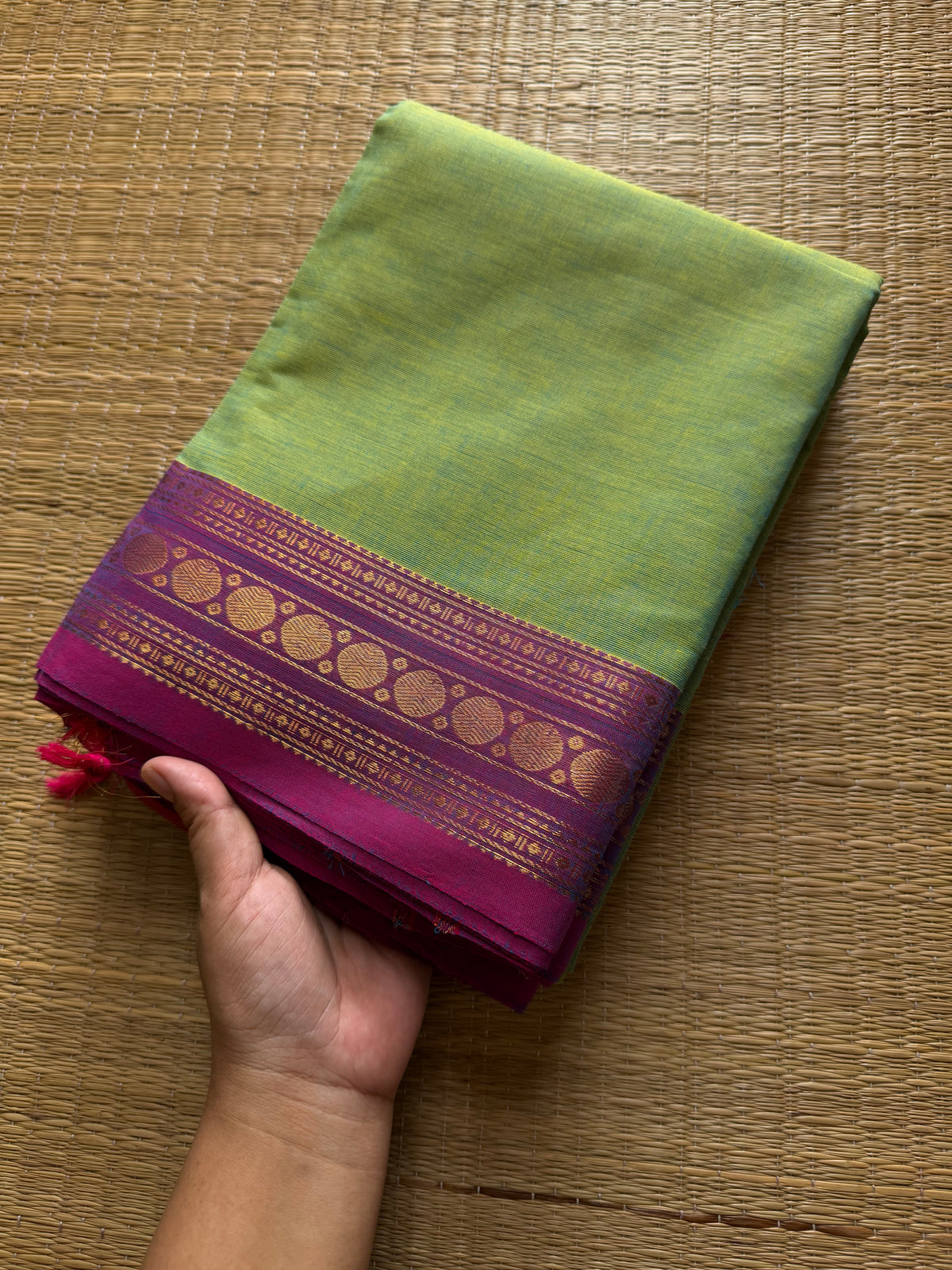 RF442 Dual tone Apple green shade with lavender combination small border Kanchi cotton sarees