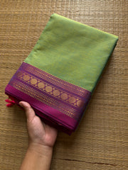 RF442 Dual tone Apple green shade with lavender combination small border Kanchi cotton sarees
