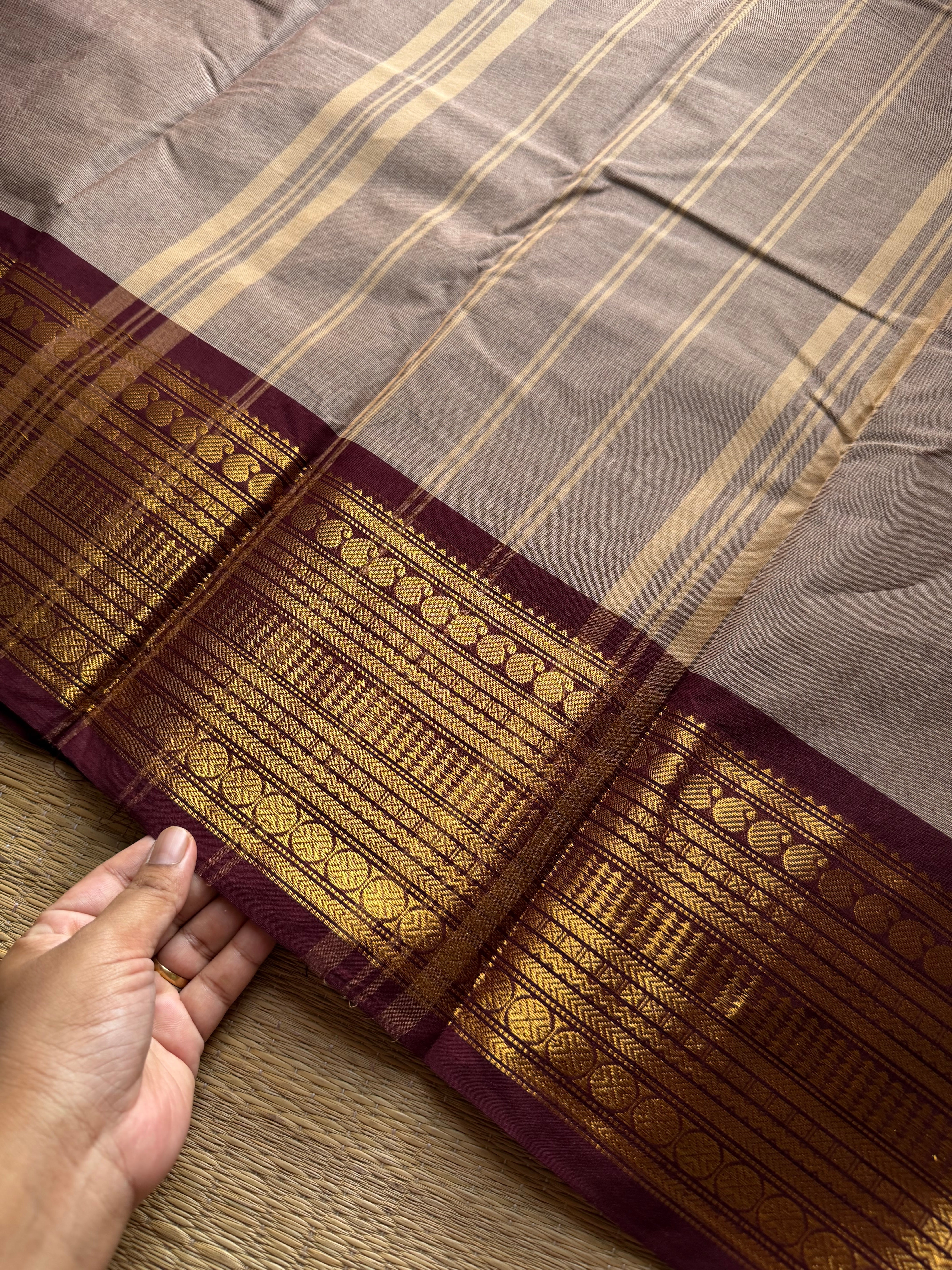 RF1031 Dual tone biscuit shade with brown border Kanchi cotton saree