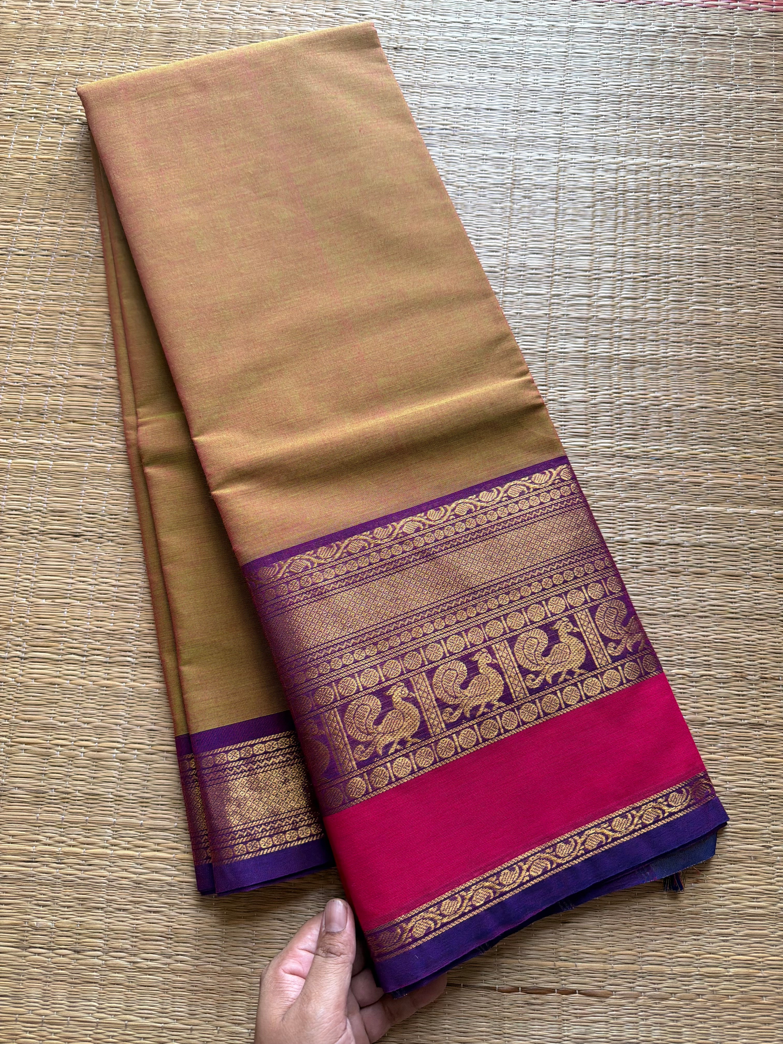 Yellow and green mixed shade Kanchi cotton saree with big Zari border