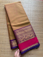 Yellow and green mixed shade Kanchi cotton saree with big Zari border
