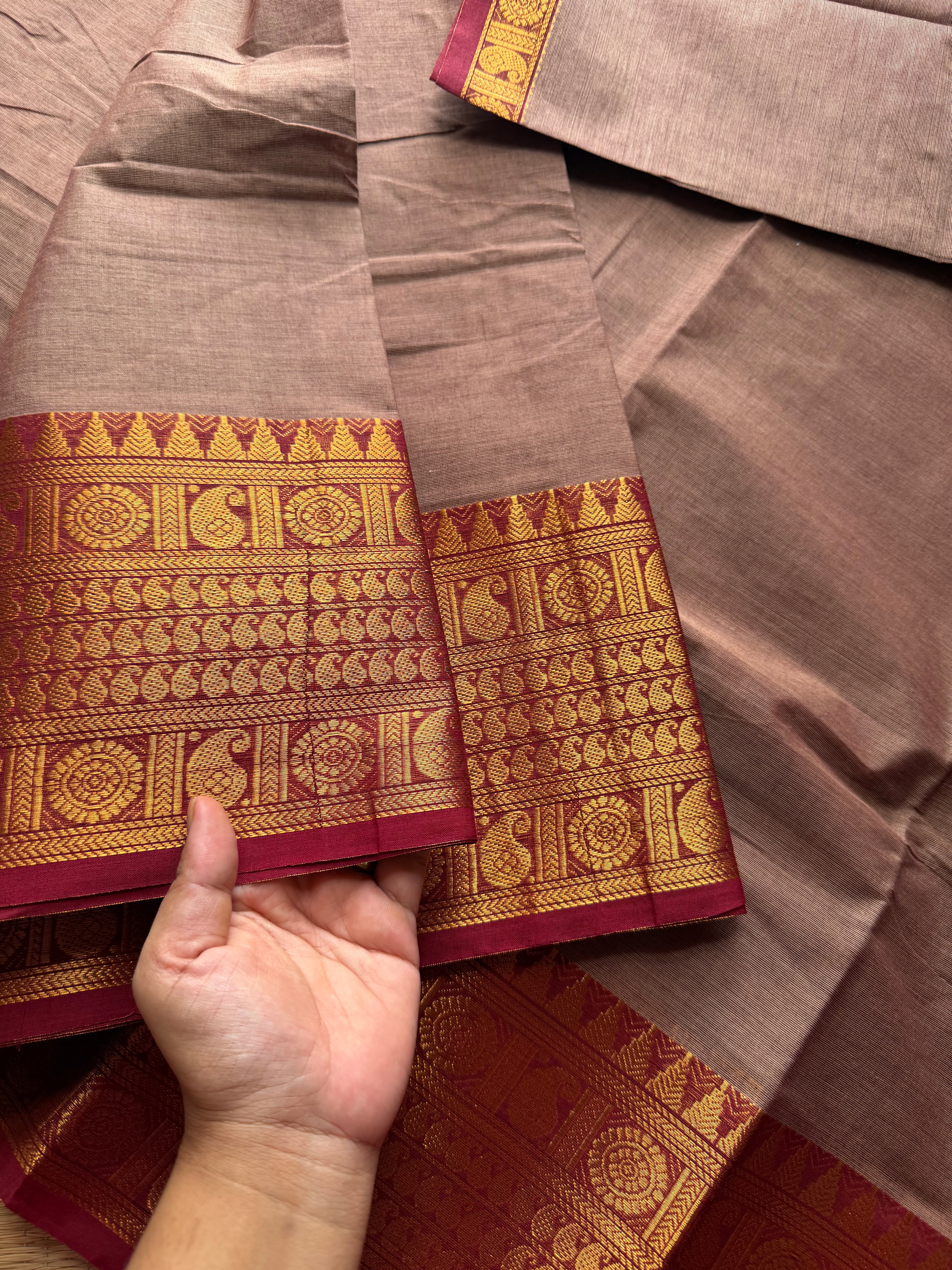 RF592 Dual tone biscuit shade with maroon combination Kanchi cotton saree with mango pattern border